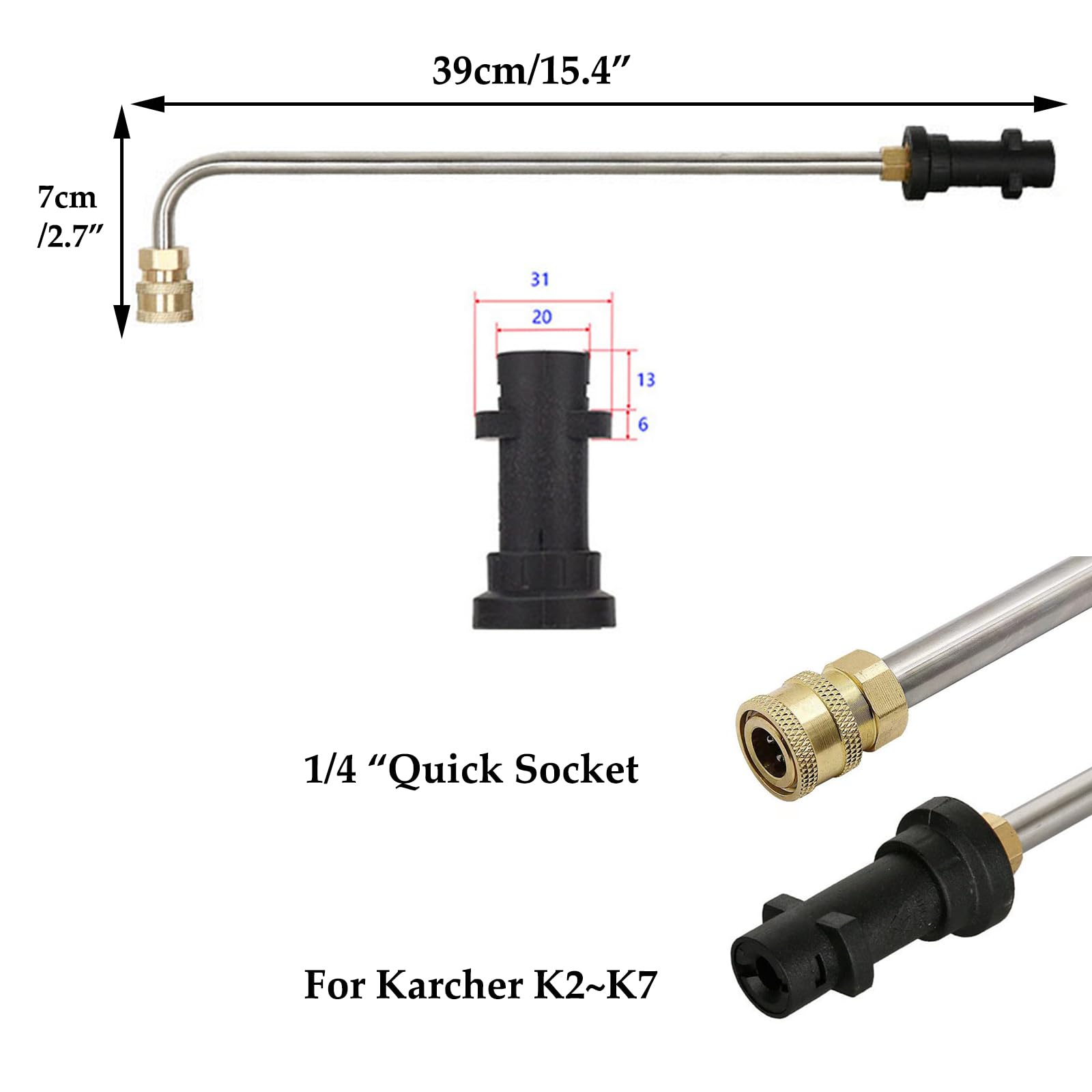 Różdżka przedłużająca do myjki wysokociśnieniowej, nasadka natryskowa 39 cm do Karcher K2 K3 K4 K5 K6 K7, 5 dysz natryskowych, zakrzywione pręty 90°