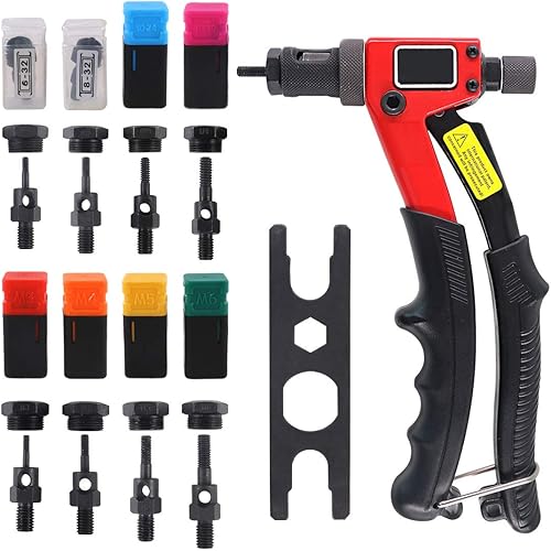 Hilitchi Kit de tuercas remachadoras de mano de 8 pulgadas con 8 mandriles M3, M4, M5, M6, 14-20, 10-24, 8-32, 6-32 Kit de pistola remachadora de