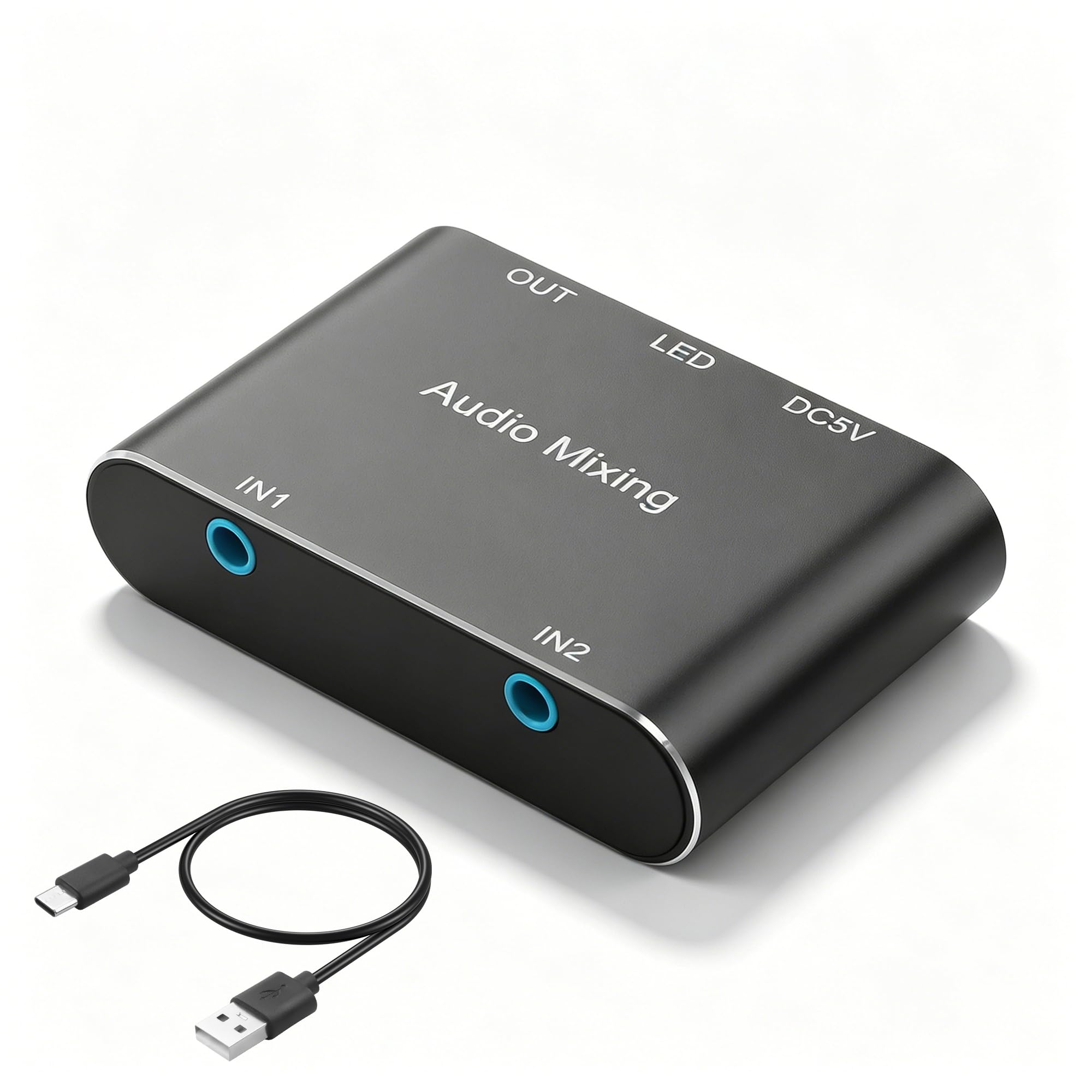 GINTOOYUN Mixer audio stereo da 3,5 mm 2 in 1 out mini mixer audio stereo da 3,5 mm con cavo di ricarica USB da 1,64 m per laptop, telefoni, cuffie, altoparlanti, ecc