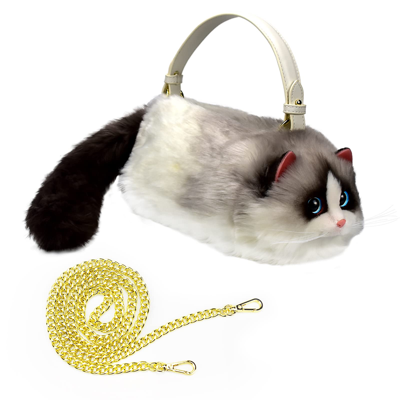 Realistic Puffy Plush Cat Shaped Crossbody Handbag for Women