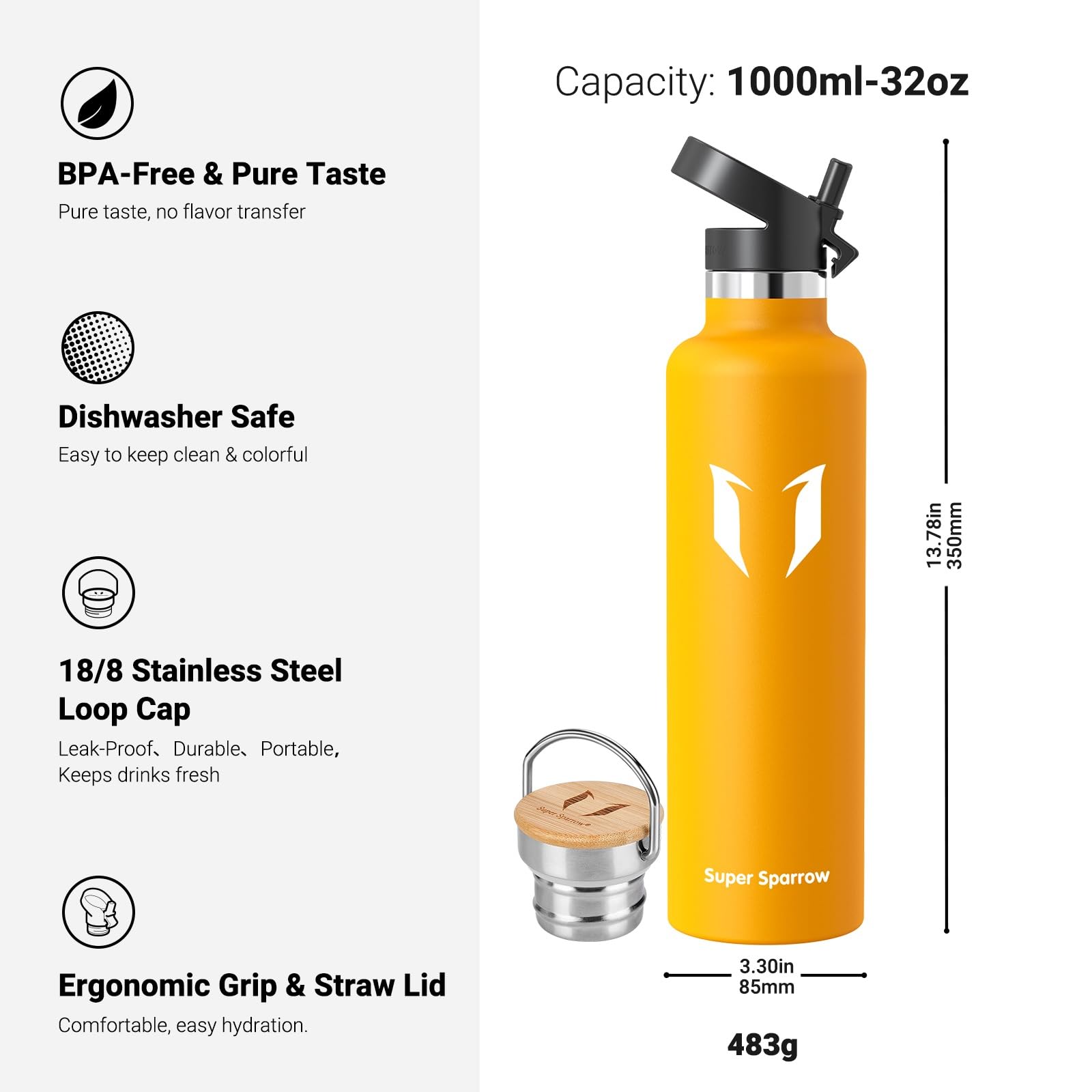 Super Sparrow Borraccia Termica - Bottiglia Termica Senza Perdite - 350ml/500ml/620ml/750ml/1L - Senza BPA Borracce Bambini - Per Scuola, Sport, Campeggio, Palestra, Ciclismo - Con 2 Tappi