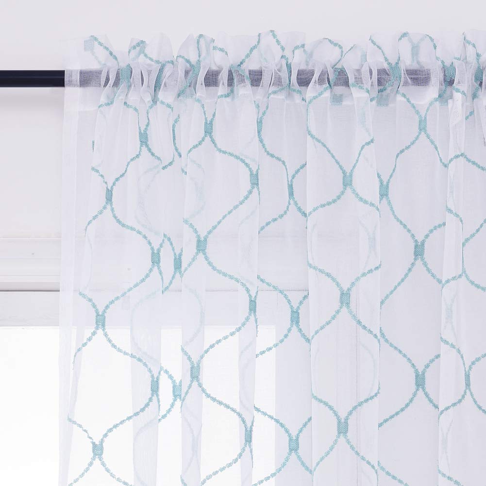 Cortinas traslúcidas bordadas azules de 63 pulgadas, cortinas de gasa con bolsillo para barra para sala de estar, dormitorio, tratamientos de ventana, paneles de cortina ondulados con diamante 2