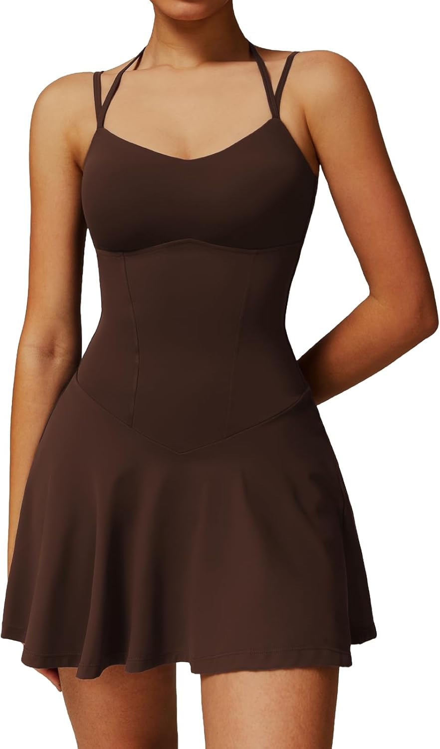 Women’s Spaghetti Strap Tennis Dress with Built-in Shorts Soft Stretchy Workout Active-Wear for Running, Golf, Yoga, Gym