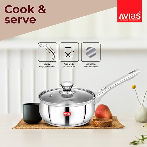 Miniatura 3 de AVIAS INOX IB - Cacerola de acero inoxidable de 6.3 in con tapa de vidrio, sartén de té, sartén de inducción y estufa de gas, parte inferior para
