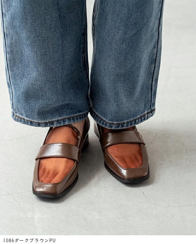 [メヌエ] スクエアトゥ チュール ローファー[3cmヒール] レディース 歩きやすい チャンキーヒール