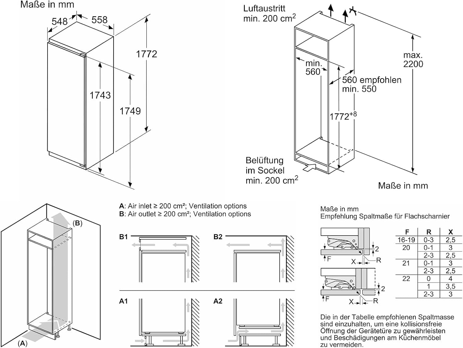 Technical diagram showing the dimensions of the Bosch KIR81VFE0 refrigerator and its built-in cabinet, including ventilation requirements.