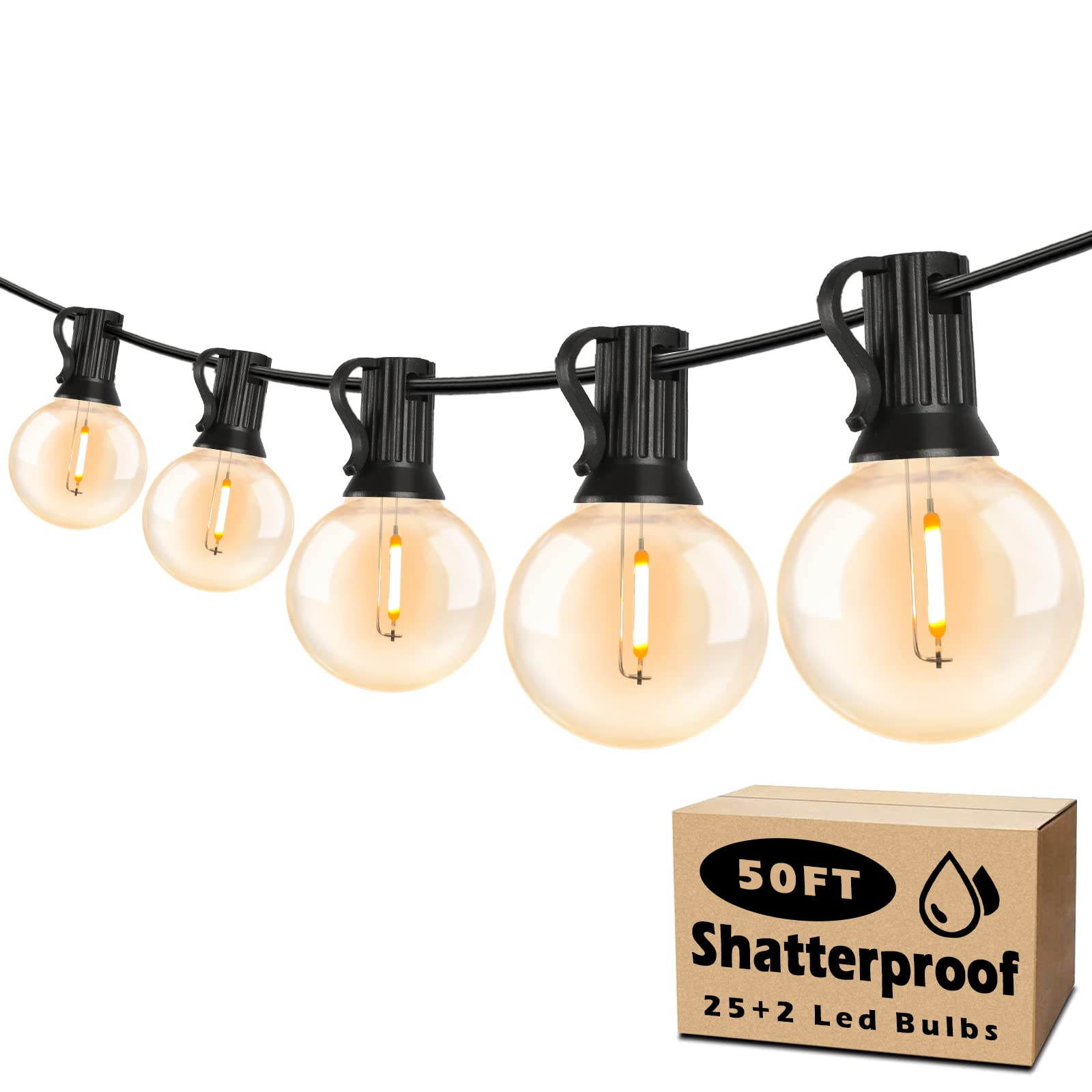 50FT Outdoor String Lights Waterproof, Bright 2700K LED Patio Lights String with 27 G40 Shatterproof Globe Bulbs, Connectable Edison String Lights for Outside, Garden, Balcony, Porch