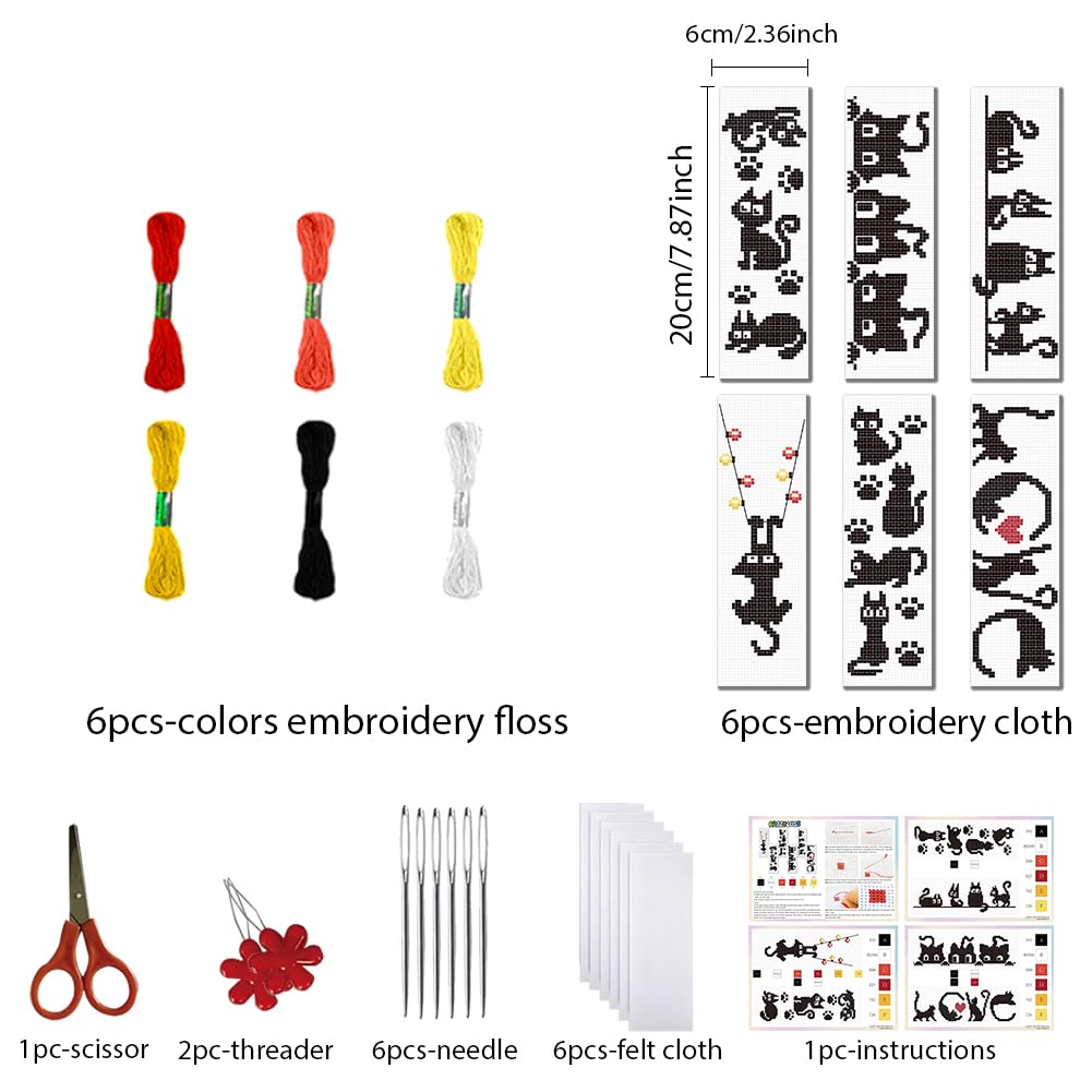 FREEBLOSS 6 Set Cross Stitch Bookmark Kit Stamped Cross Stitch Kit Black Cat Embroidery Set with Instruction for Adults 8''*2.4''