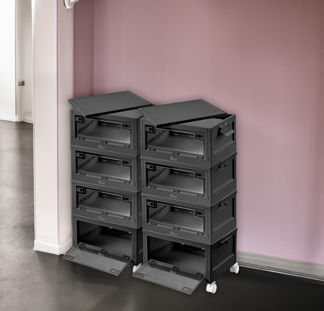 Xcase Kisten mit Deckel groß: 8er-Set Faltbare Aufbewahrungsboxen mit Deckel, 8 Rollen, 45l, schwarz (Kisten mit Kunststoff, Klarsichtboxen mit)