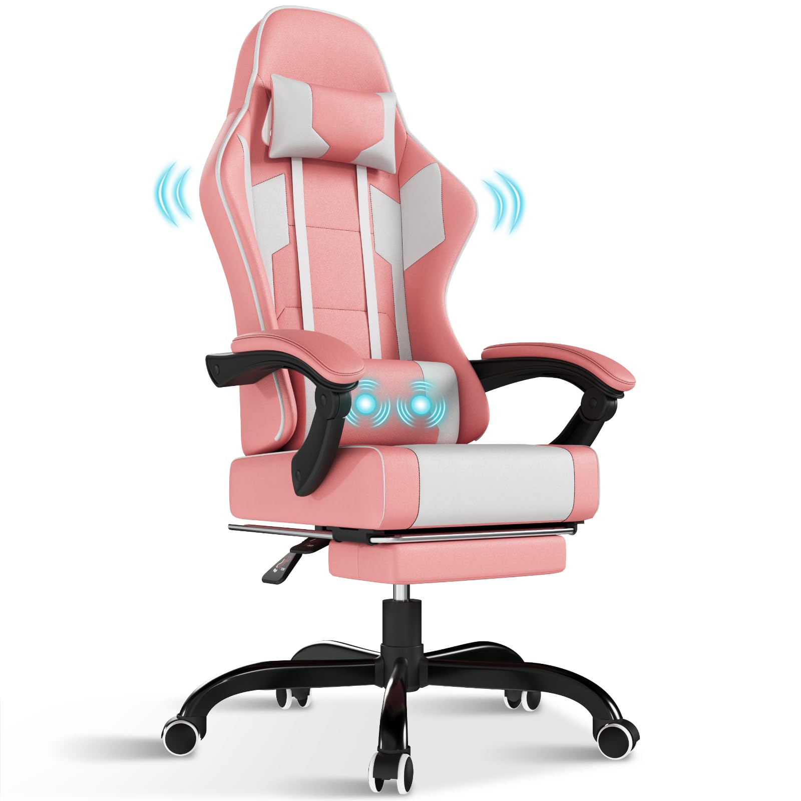 TRIUMPHKEY - Sedia da gaming con poggiapiedi telescopico, schienale regolabile 90°-150°, sedia da gioco con poggiatesta e supporto lombare, sedia da ufficio, 150 kg (colore rosa)