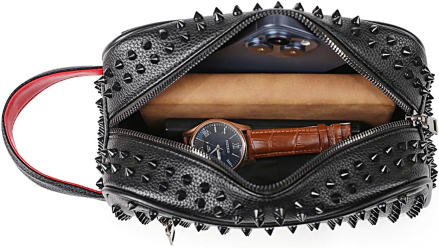 Unisex Studded Clutch Bag, Black PU Leather Wristlet with Spike Rivets, Zipper Closure, 9.4 x 5.1 x 3.9 Inch