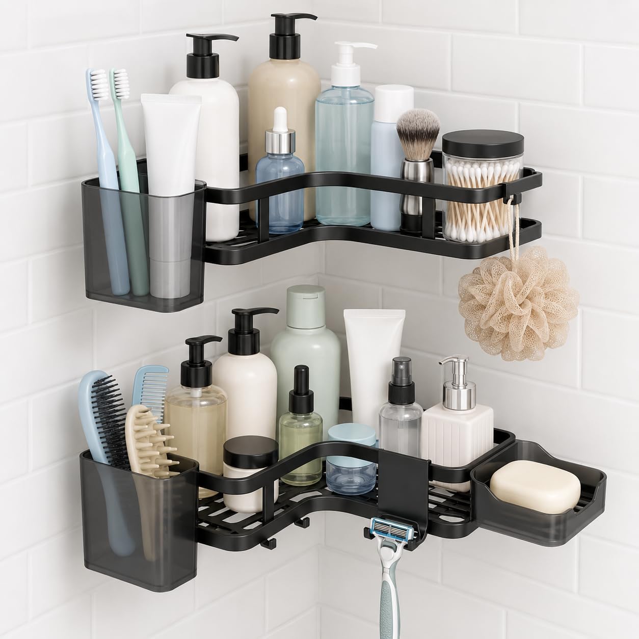 Corner Shower Caddy, 7-Pack Adhesive Shower Organizer, Rustproof Stainless Steel Bathroom Shelves with Soap Holder & Toothbrush Holders, No Drill Wall Mounted Shower Shelf for Inside Shower, Black