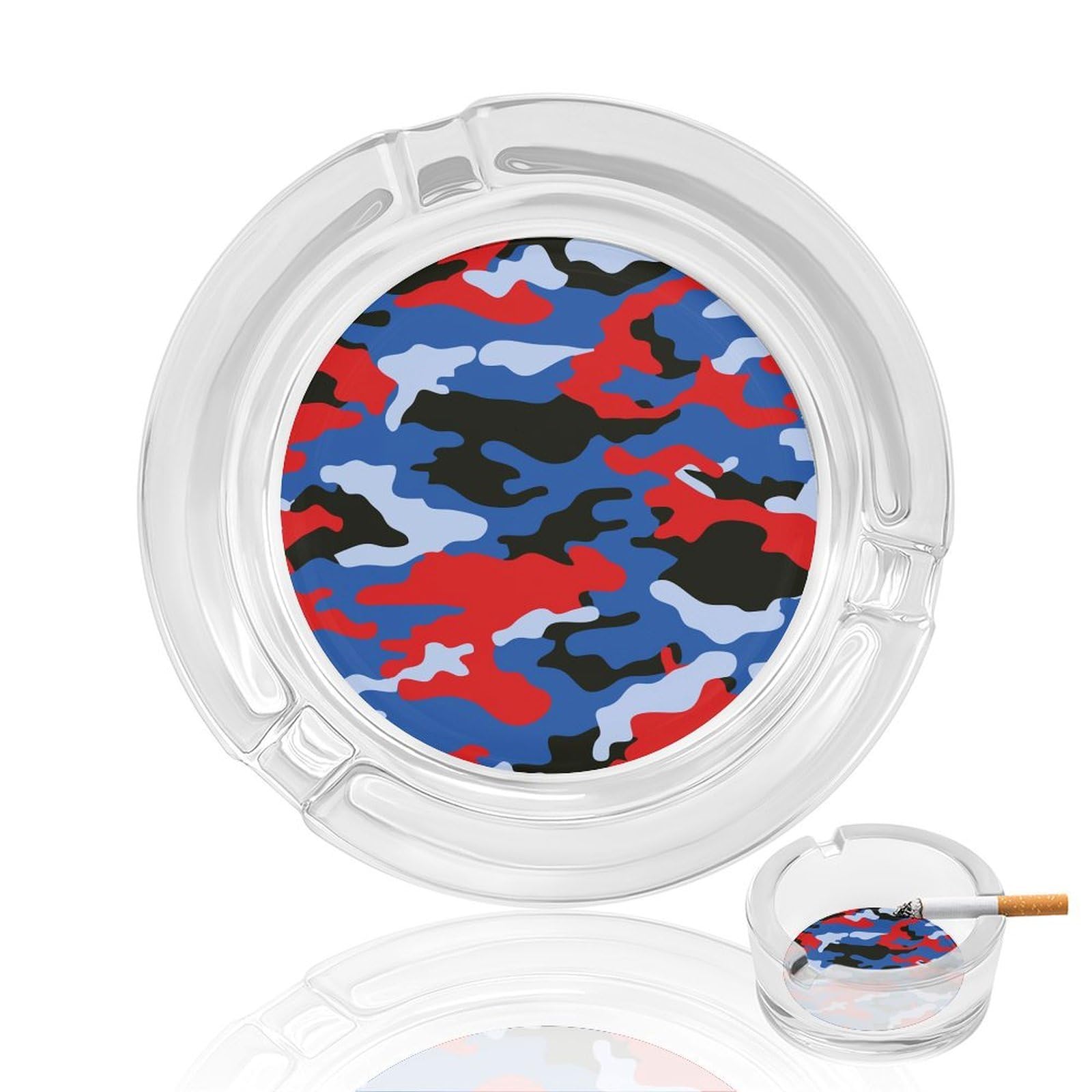 Camouflage Patter Glass Ashtray 3.3 Inch Round Cigarette Ash Holder with 4 Grooves for Home Office Outdoor One Size