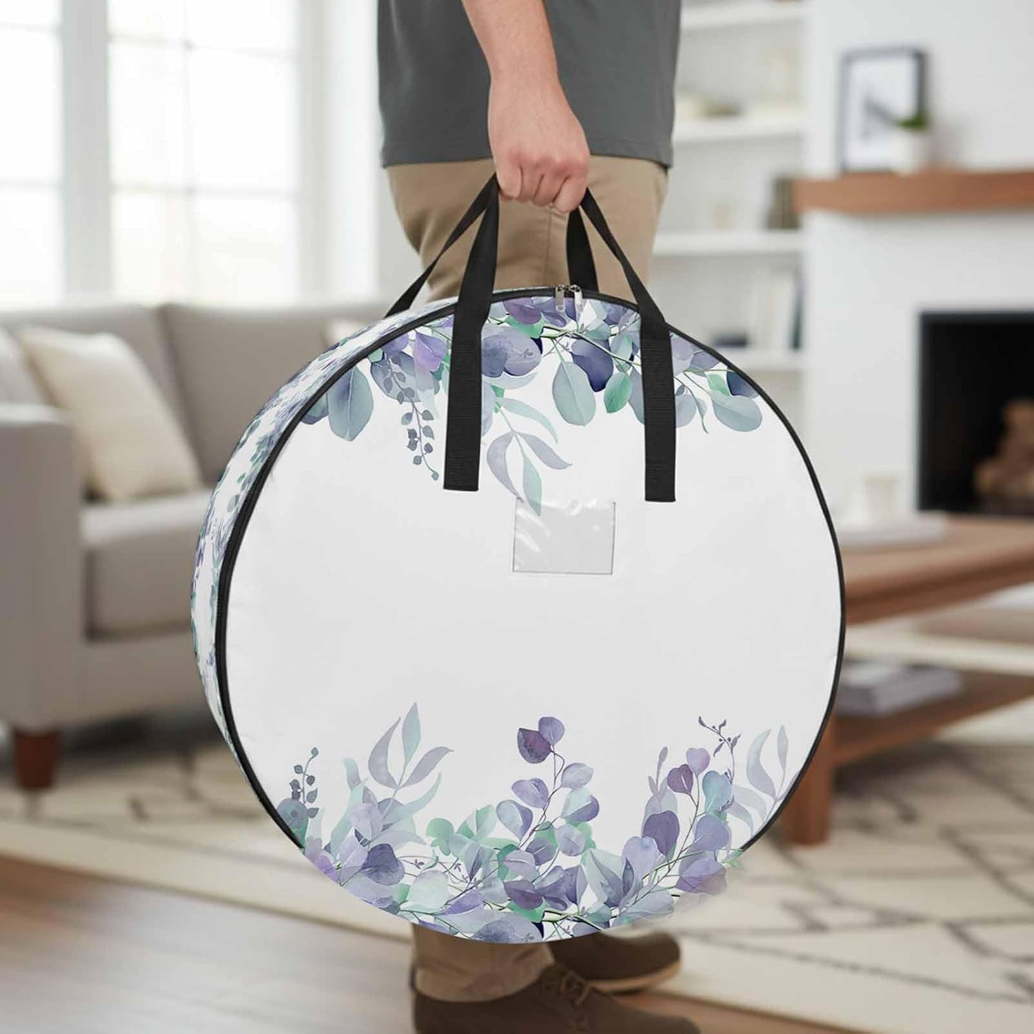 Spring Watercolor Leaves Round Storage Bag 36 Inch, Eucalyptus Leaf Blue Plants Clothes Storage Container with Handles Heavy Duty Organizer for Comforter, Bedding & Holiday Wreaths