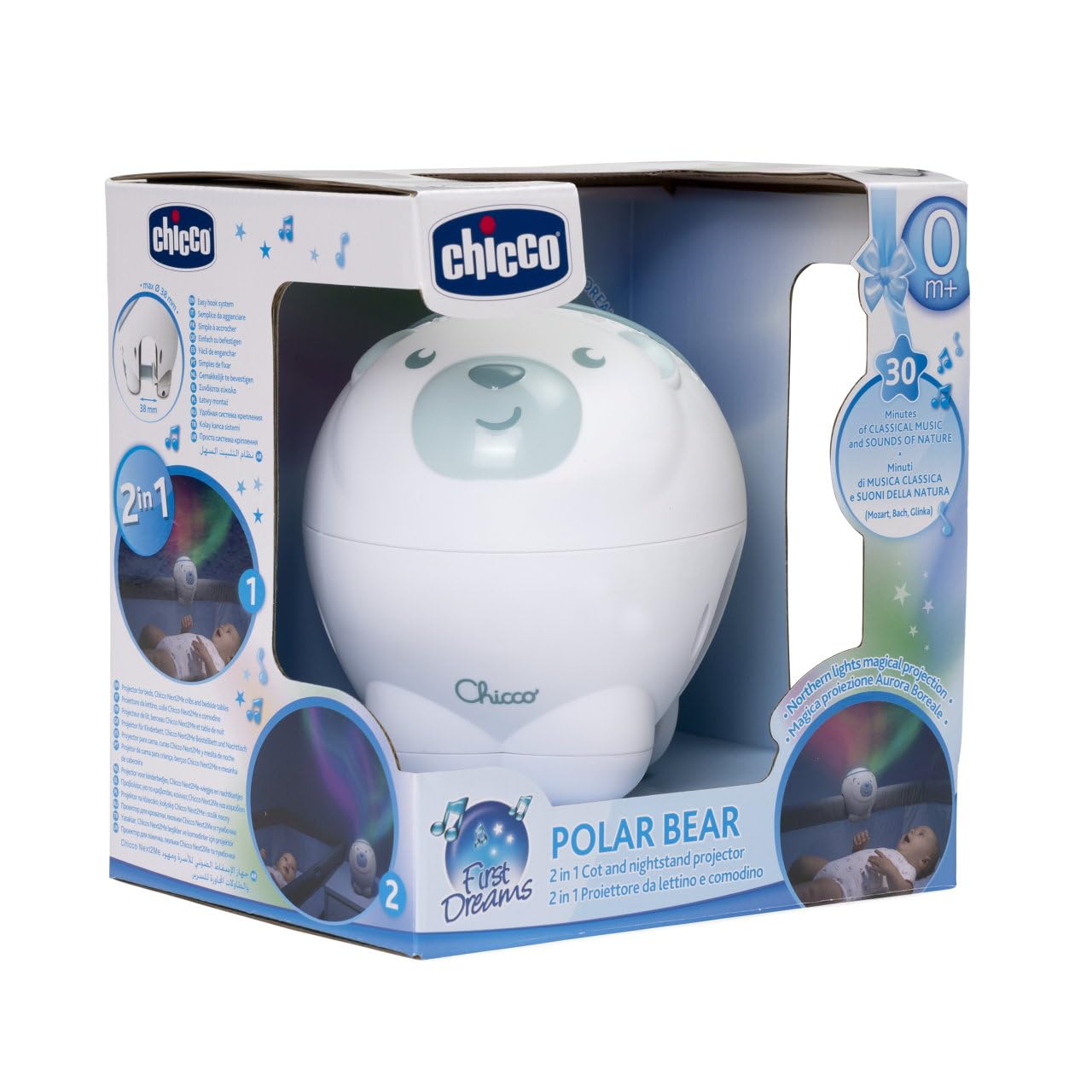 Projecteur 2en1 Ours Polaire First Dreams, pour berceau et à poser, veilleuse pour enfants, projection d'une aurore boréale, musique classique relaxante et sons de la nature, Pour bébés, 0M +, Bleu
