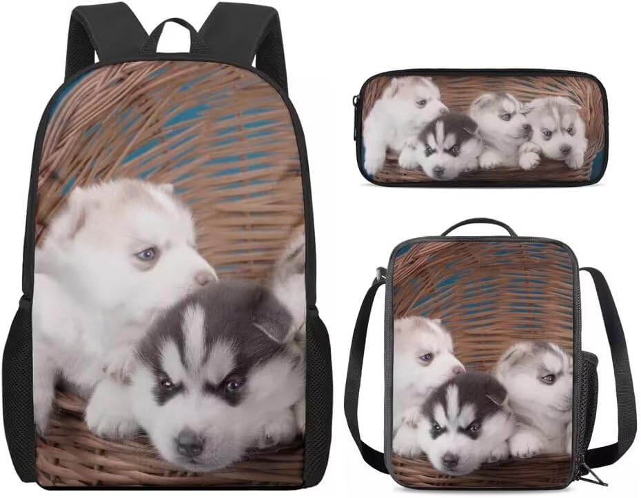 AmzPrint Cute Siberian Husky 3pc Back To School Bag Gifts Class Set Kids Backpack Pencil Case Insulated Lunch Bag For School