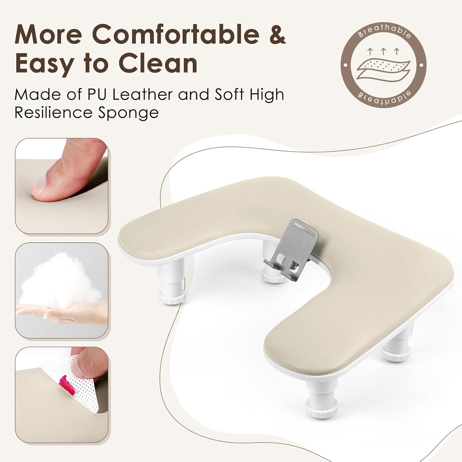 LIONVISON Arm Rest for Nails Tech: U Shaped Adjustable Height Ergonomic Nail Hand Rest Stand PU Leather with Rotating Phone Holder for Nail Salon Manicurist (Beige)