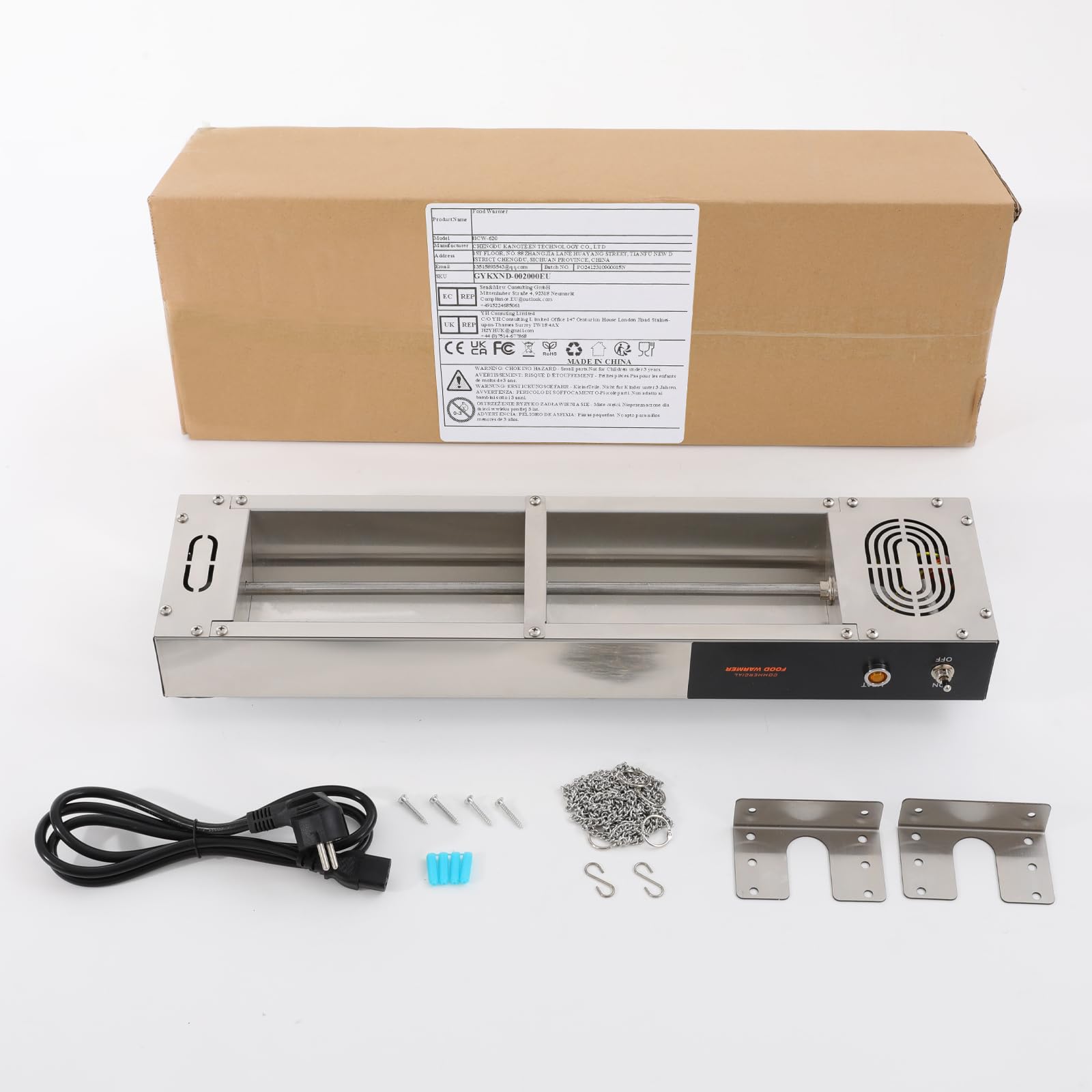 Scaldavivande elettrico in acciaio inox sospeso, 750 W, 60 x 15 x 6,5 cm, zona di mantenimento in caldo 5 x 3 m, 30 – 50 °C