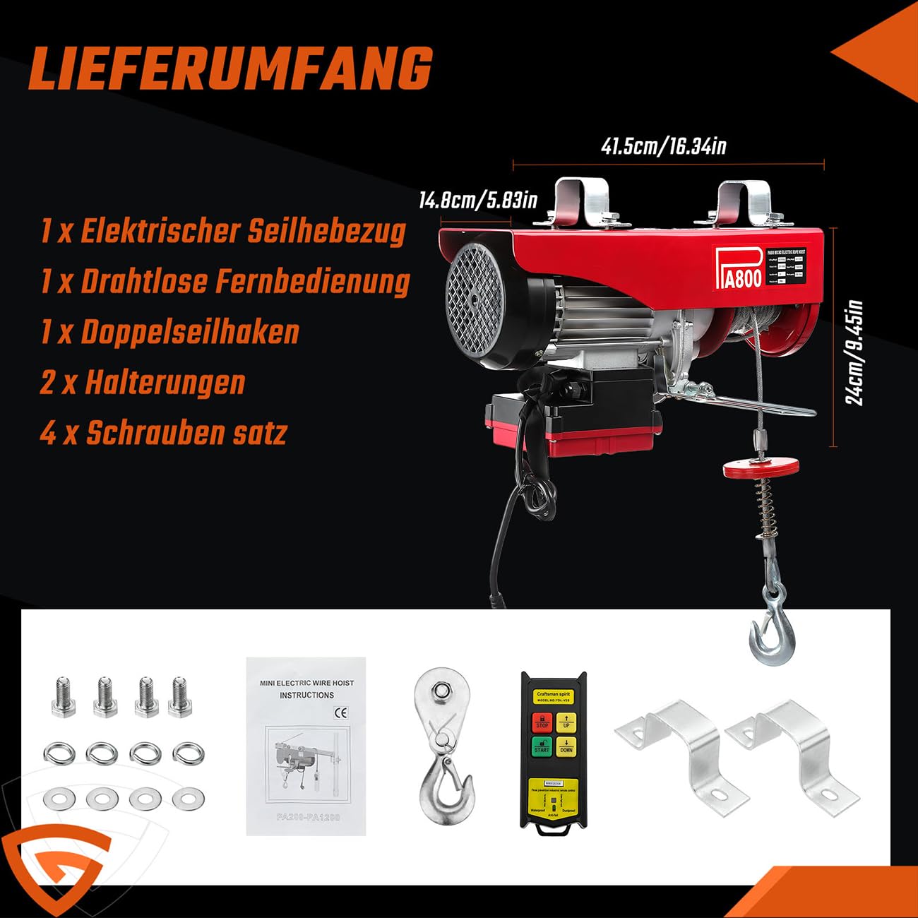 PA800 Elektrische Seilhebezug,elektrische Seilwinde, 400kg bis 800kg Elektrische Motorwinde, mit kabelloser Fernbedienung(100m),12m Hebezug Seilzug, Hohe Sicherheit mit Not-Aus-Schalter
