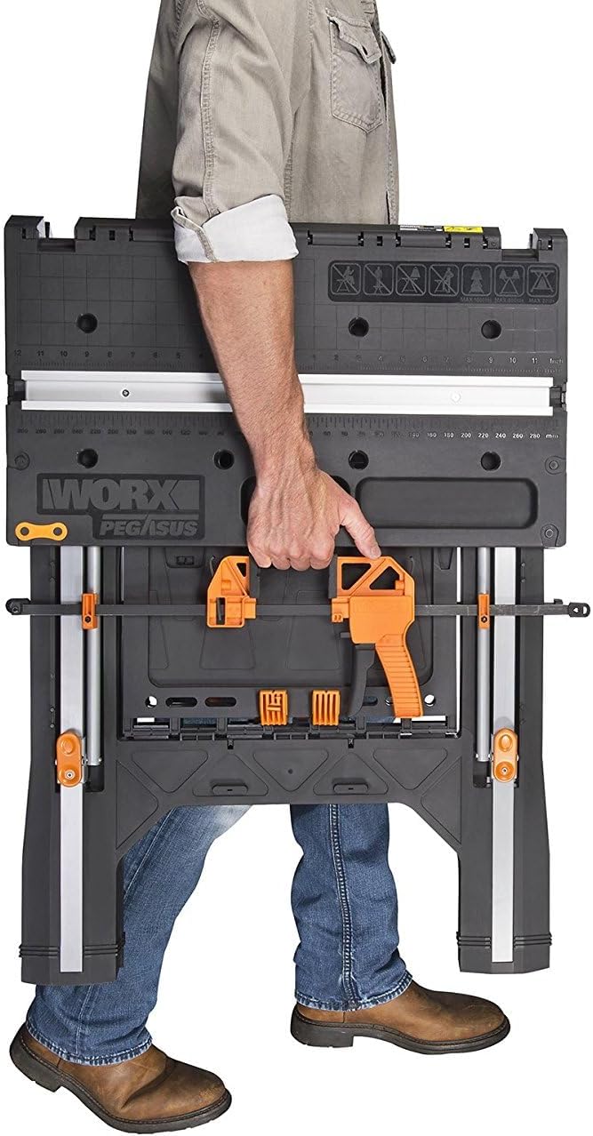 Worx Pegasus WX051 Versatile Multi Function Folding Work Table & Sawhorse with Quick Clamps and Holding Pegs, Portable and Lightweight Workbench, Perfect for Workshop and DIY Tasks