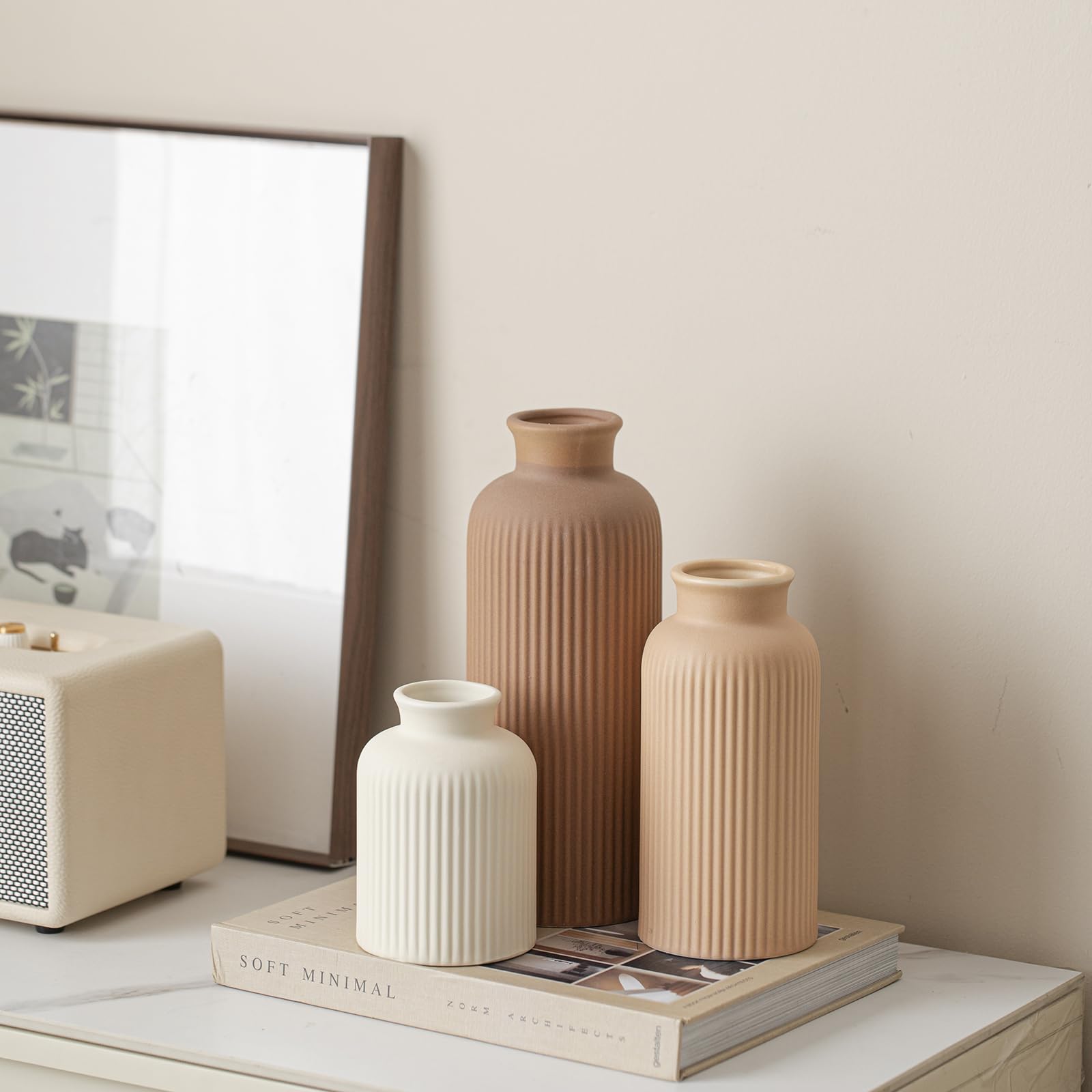 Große Moderne Keramik Vase Set, Kaffee Geriffelt Matt Design, 3 Stück Dekorative Vasen für Zuhause, Wohnzimmer, Büro (XL Kaffee Mix)