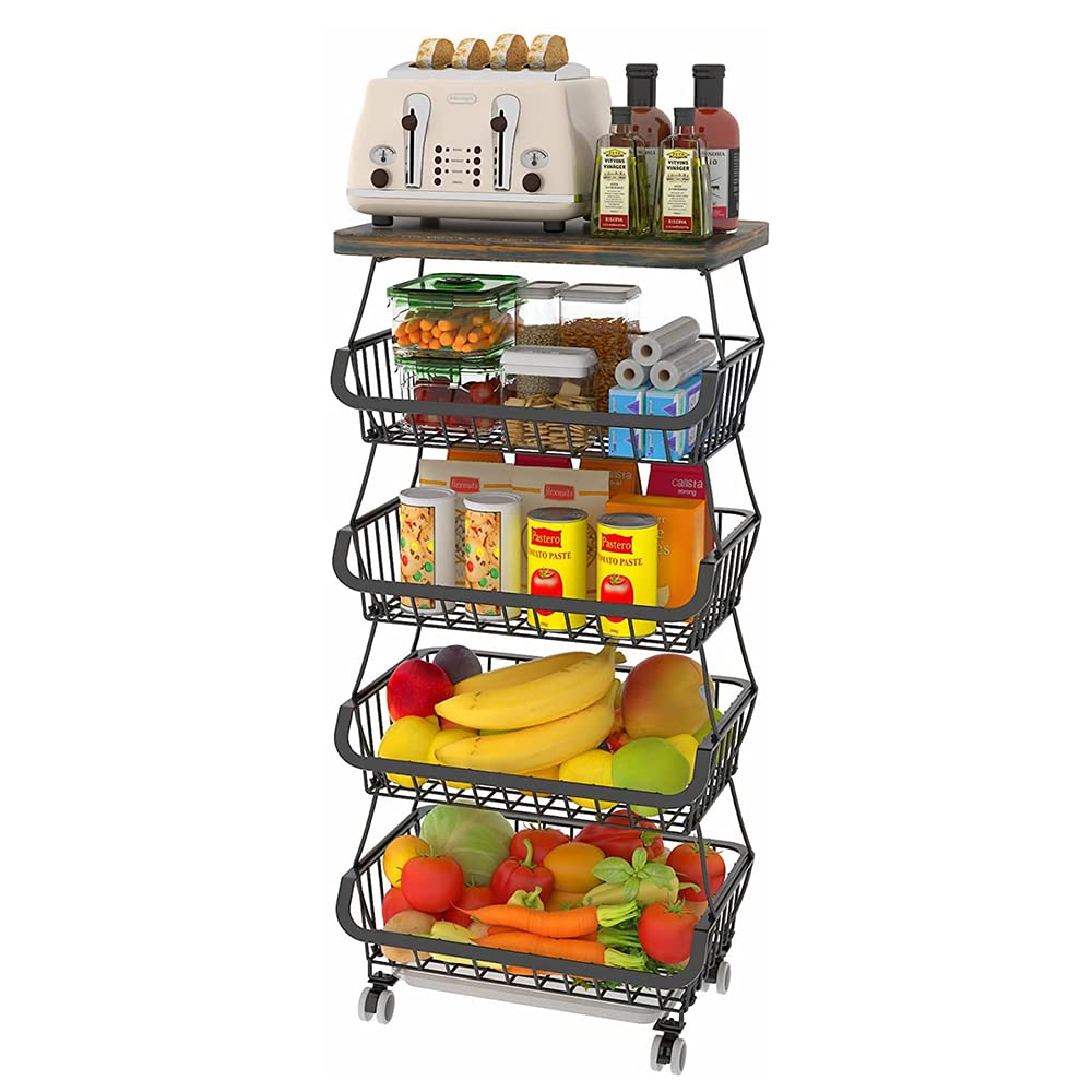 HUOLE Cesta de Frutas de 5 Niveles, Estante para Verduras, encimera, frutero, Estante de Metal, Accesorios de Cocina, Cesta de Almacenamiento, Soporte para frutas-40 * 30 * 94cm (Negro)