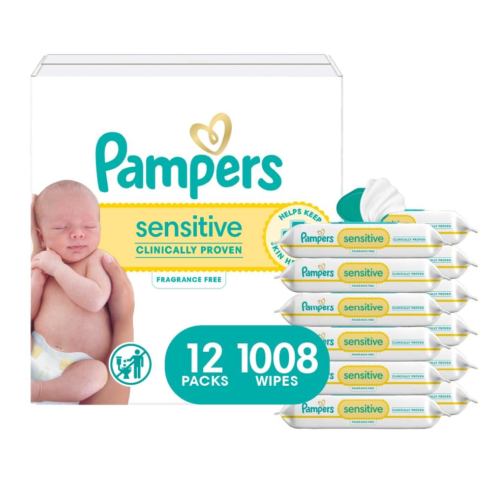 Pampers Sensitive Baby Wipes, Water Based, Hypoallergenic and Unscented, 8 Flip-Top Packs, 4 Refill Packs (1008 Wipes Total)