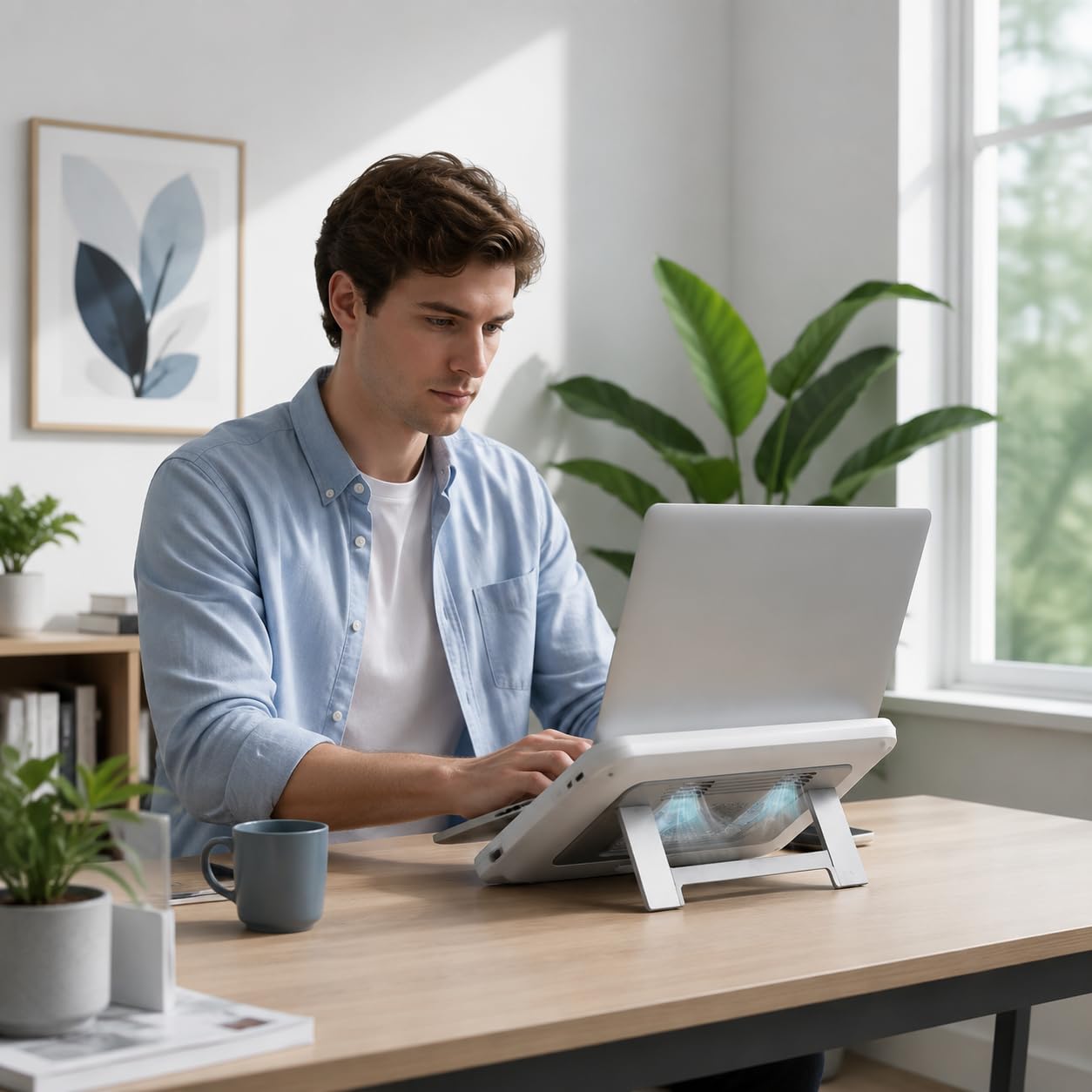 Base Refrigeradora Portátil Plegable y Soporte Ergonómico para y Escritorio – Elevador con Ventilador, Blanco Plateado, Plata