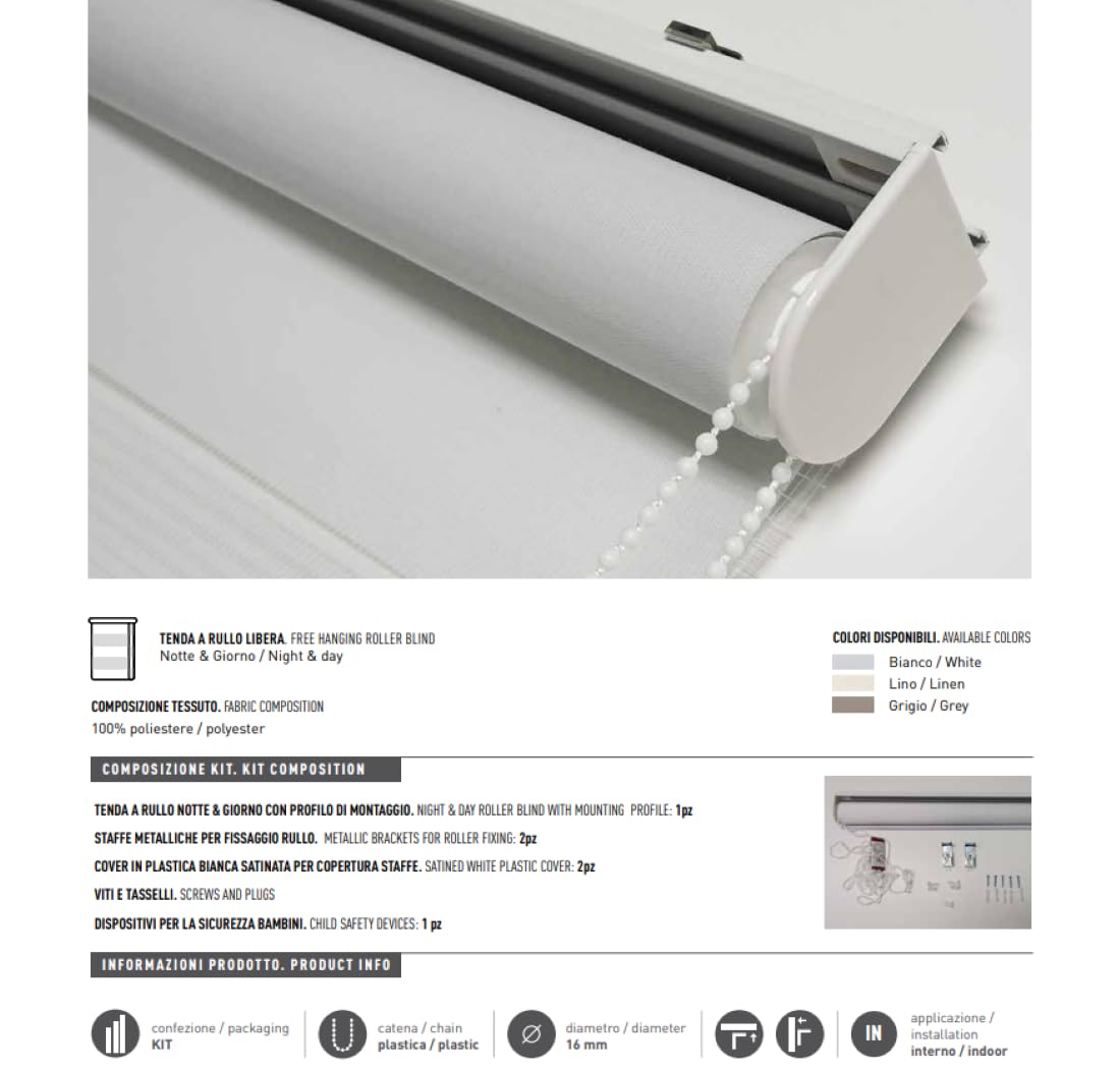 Tenda a Rullo Night and Day, Doppio Tessuto, per Interni, Varie misure, Vari colori, Bianco, Lino, Grigio, Tortora, Avorio (Bianco/white, 90 x 175 cm)