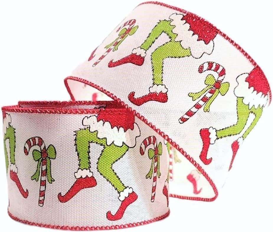 2.5" Wide Wired Tiptoeing Furry Monster Legs Christmas Ribbon Featuring a Santa Suit, Candy Canes, and Glitter Embellishments (50 Yards)