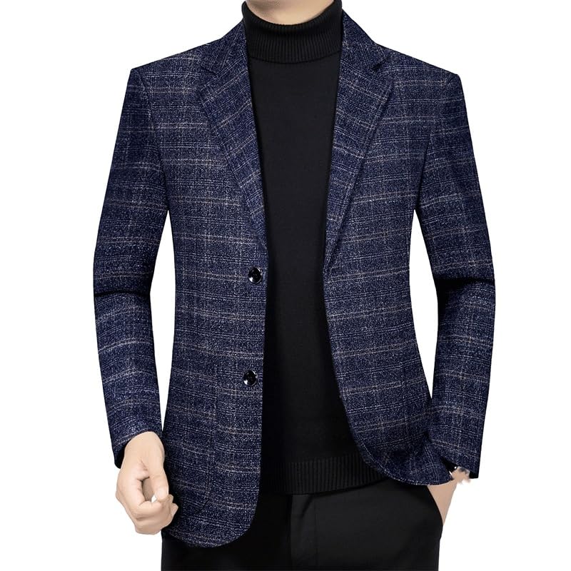 Mens Blue Plaid Casual Blazers Jacket Two Button Suit Lightweight Knit Sport Coat for Daily Party Business