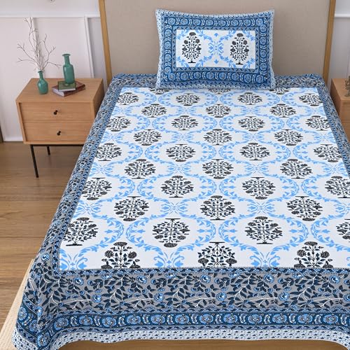 Image of 100% Cotton Single Bedsheet with 1 Pillow Cover | 240 TC Pure Cotton Flat Bed Sheet | Traditional Jaipuri Printed Bedding Set | Soft & Breathable | 60 x 90 Inch (Rangmahal Single 42)