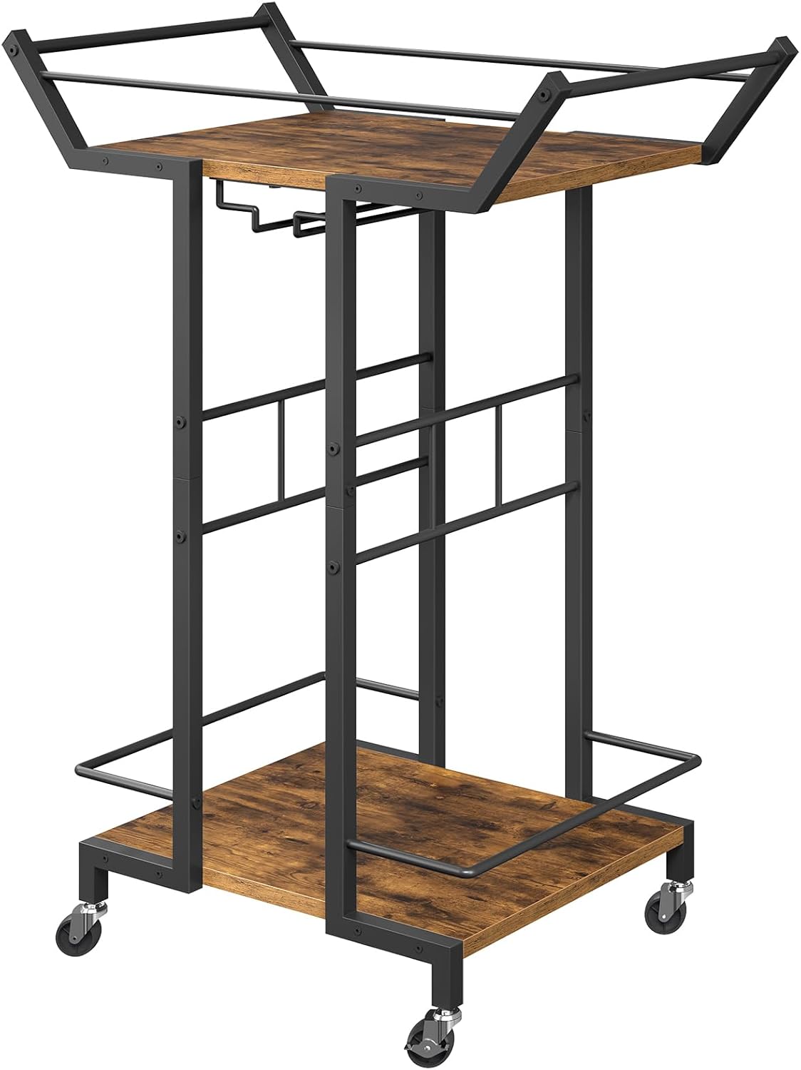 Bar Cart, Home Bar Serving Cart with Wine Glass Rack, Beverage Cart, Mobile Kitchen Shelf, for Living Room, Party, Black and Rustic Brown BC10BR