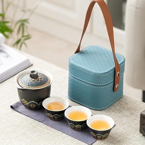茶道具 セット 中国茶器セット 旅行用茶セット 蓋付きのボウルとティーカップを含む ゴンフウー茶器のギフトセット 実用的ビジネス記念品(黒)