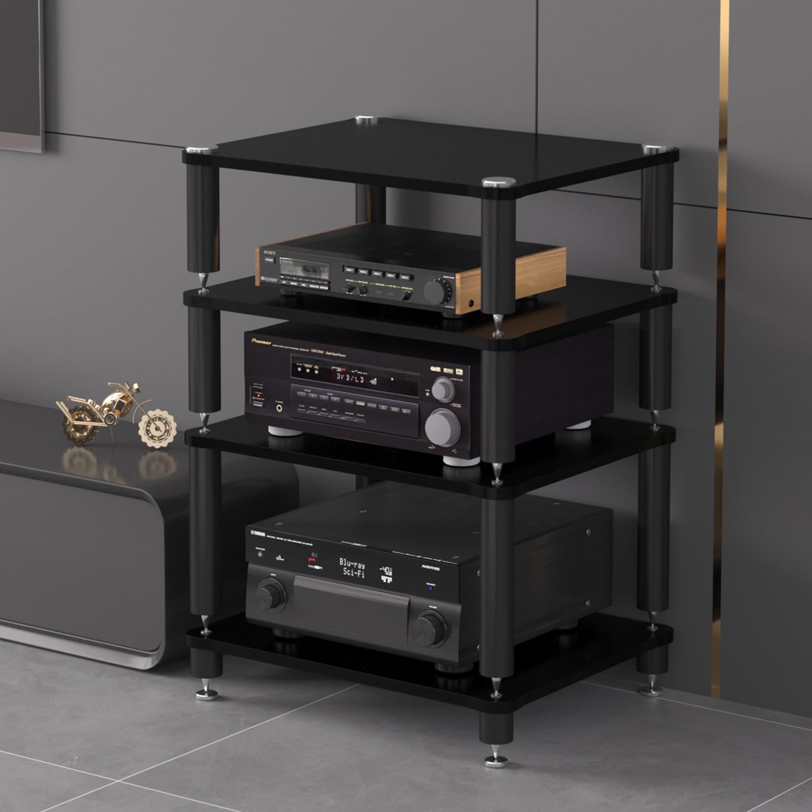 Stojak stereo, stojak na nośniki AV, wieża centrum rozrywki, wyświetlacz do gramofonu i odbiornika stereo, rozwiązanie do przechowywania sprzętu audio w salonie