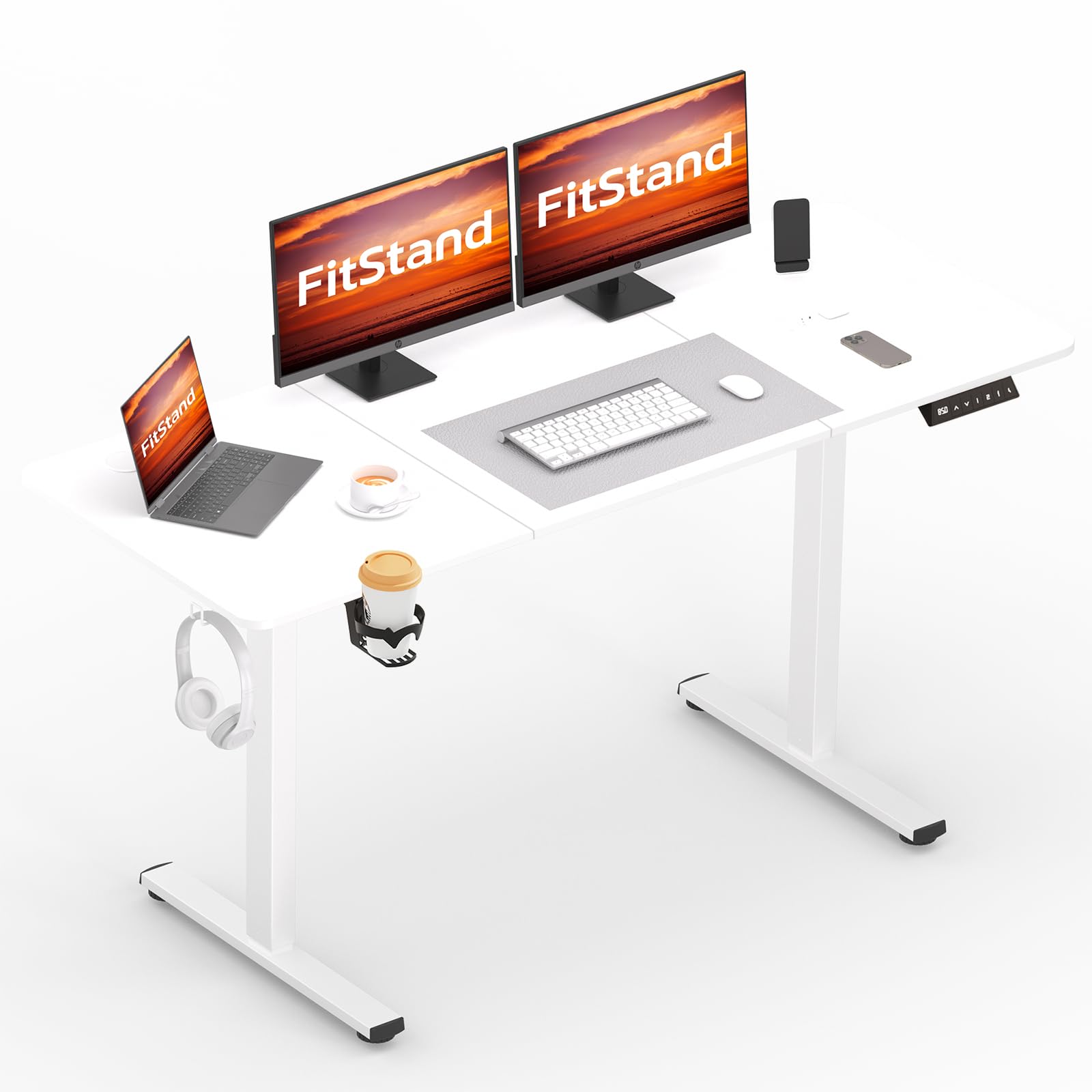 FitStand FQ1 160x60cm Electric Height Adjustable Standing Desk, Sit Stand Desk, Computer Desk With Hooks, Child Lock, Memory Function, Suitable For Office And Home - White