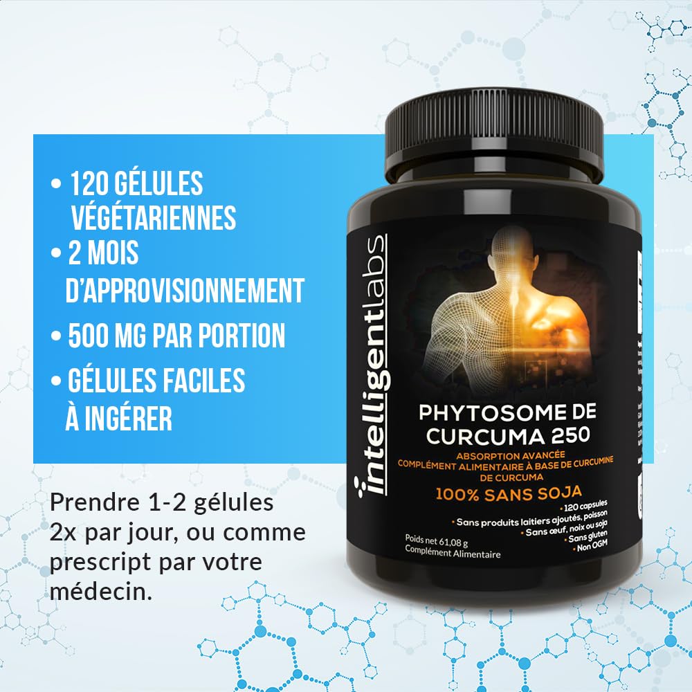 Intelligent Labs Meriva Phytosome de Curcumine 250 MG | Supplément de curcumine de curcuma à absorption avancée (2900% mieux absorbé que le curcuma ordinaire) | 120 gélules végétariennes