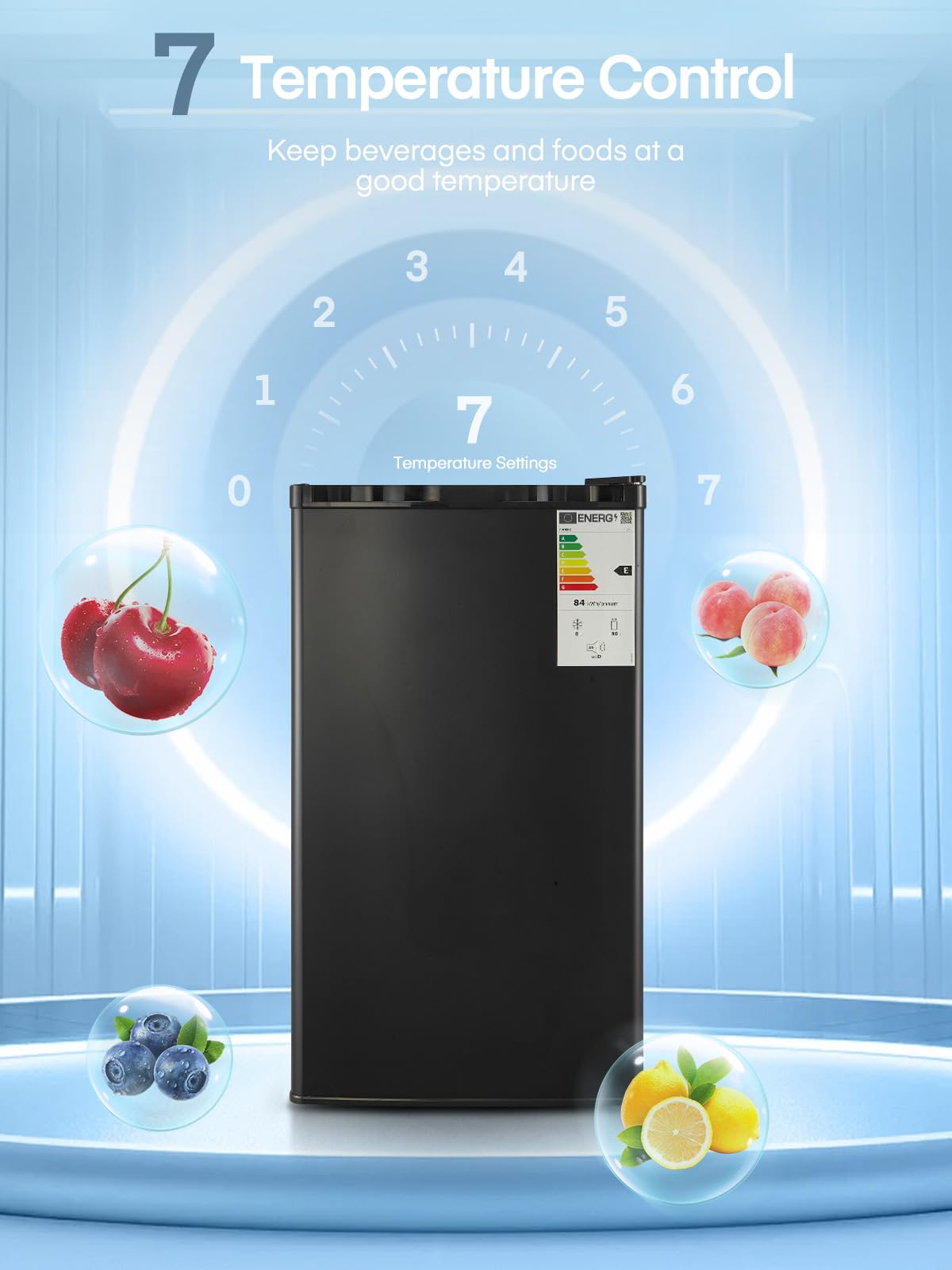 FOHERE Kühlschrank mit Gefrierfach 90L | Kühlschrank Klein mit Obst- und Gemüsefach | 7 Einstellbare Temperaturregelung | 84kWh/Jahr | Türanschlag wechselbar | Verstellbare Füße | Schwarz