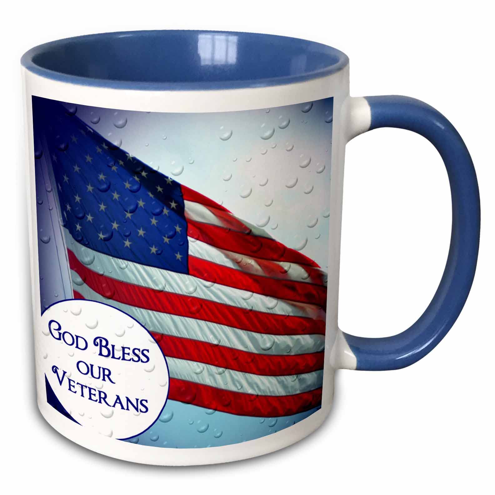 3dRose An American Flag with text God Bless our Veterans 11oz Two-Tone Blue Mug