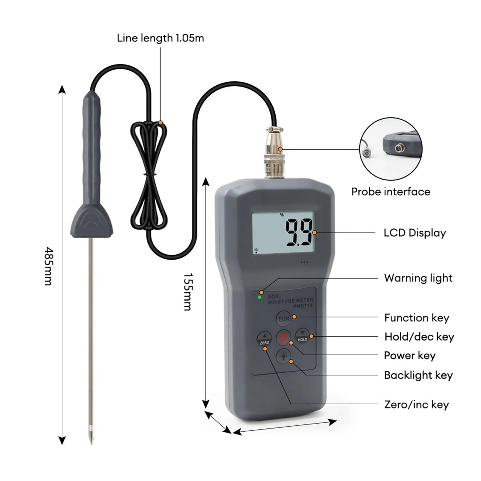 Misuratore di umidità del terreno for giardinaggio, test di umidità di sabbia e cemento, sensore digitale LCD preciso, compensazione automatica della temperatura Basso errore, alta sensibilità