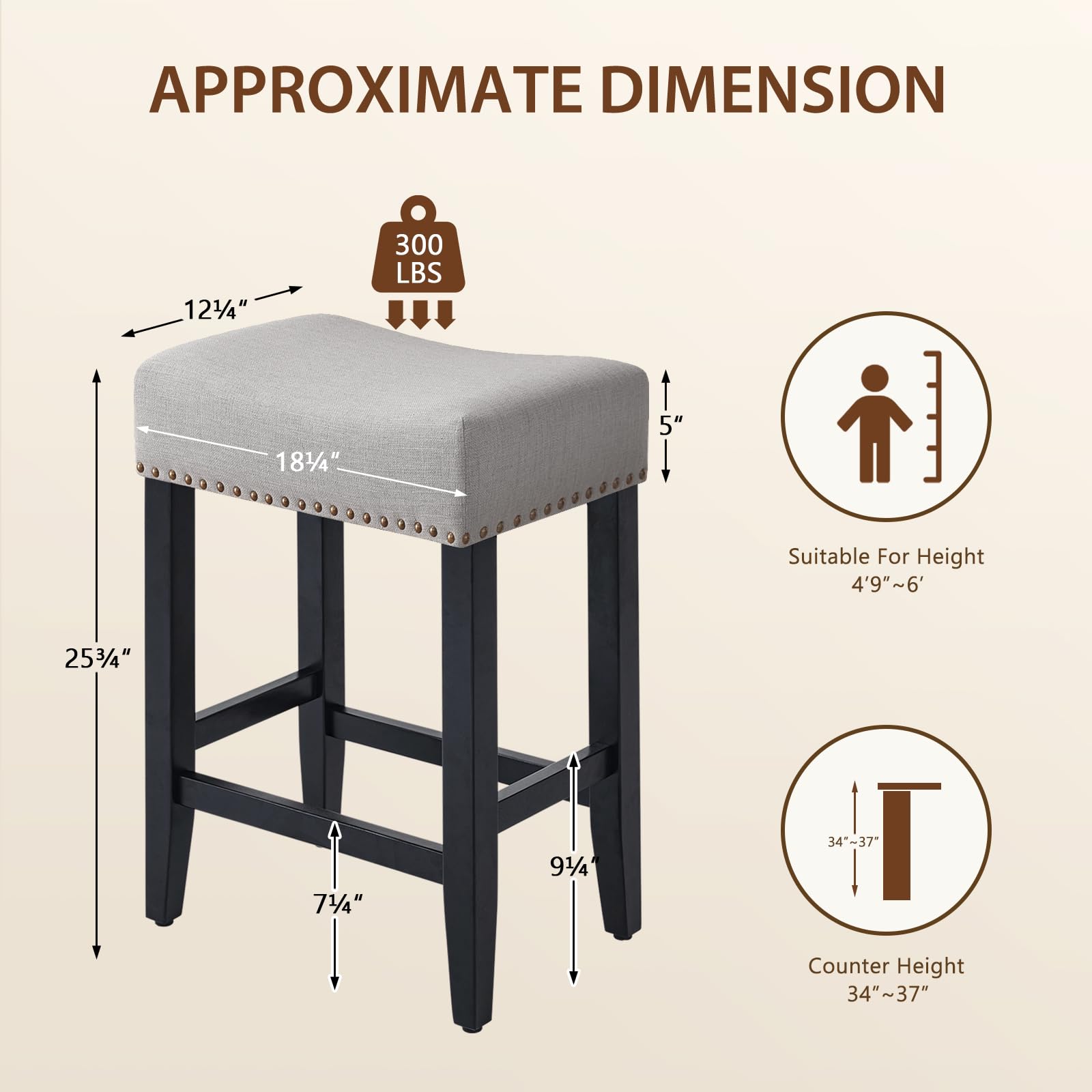 Set di 2 Sgabelli da Bar, Sgabelli da Bar ad Altezza Bancone Sgabello da Sella Alto da 65.5cm, Sedia Trucco Cucina in Lino, Poggiapiedi per Sala da Pranzo, Cucina ad Isola, Caffetteria, Grigio