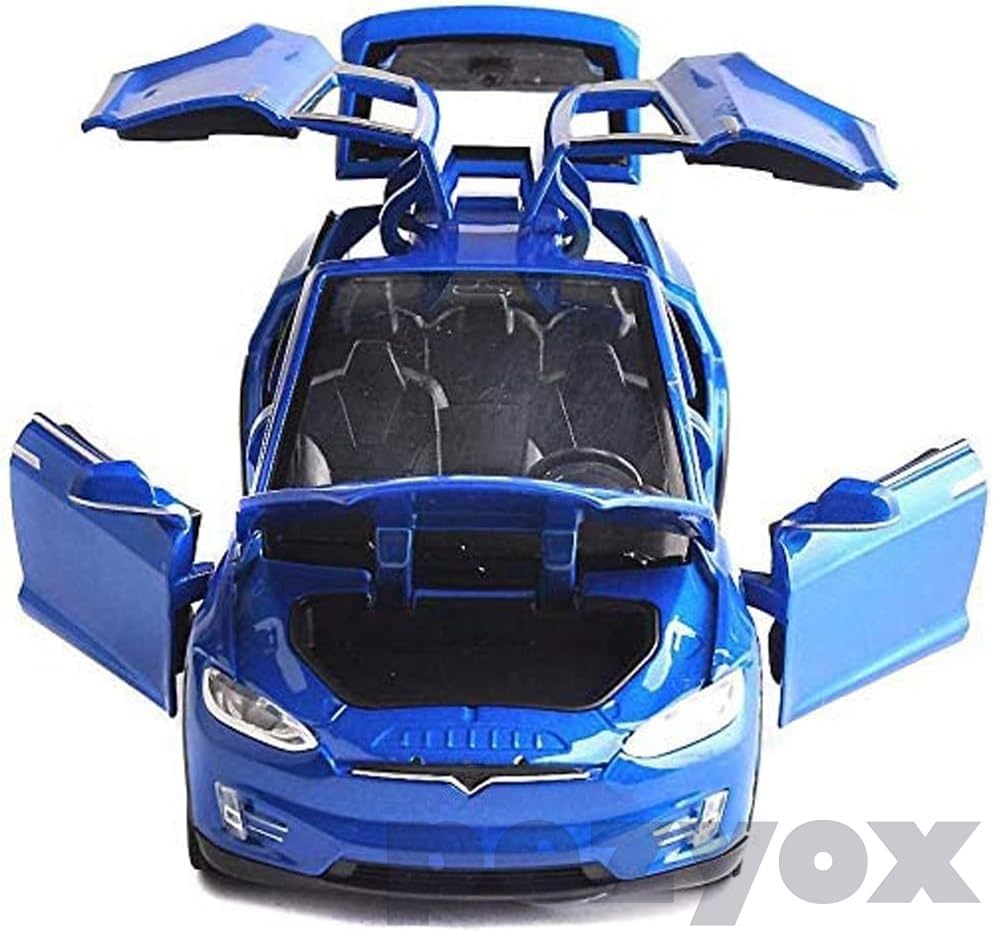 Image of 1:32 Scale Car Tesla Model X90 Alloy 1 /32 Diecast Model Car w /Sound & Light Pull Back Model Mini Vehicles Toys for Kids (Blue)