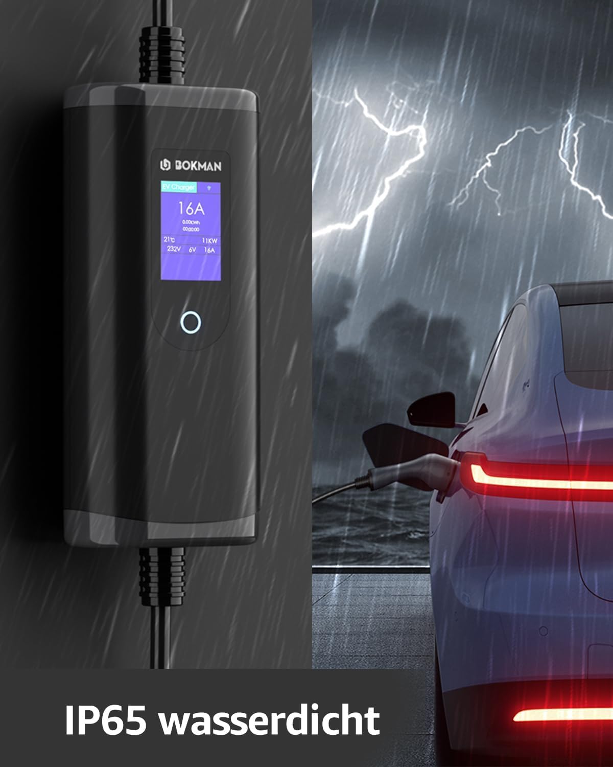 bokman Mobile Wallbox 11kW, Typ 2 Ladekabel mit CEE Stecker & Adapterkabel 8 Meter |16A | 3-Phasig | IP65 Wasserdicht, Tragbares EV-Ladegerät für IEC 62196-2 mit Tragetasche & Mikrofaserhandtuch