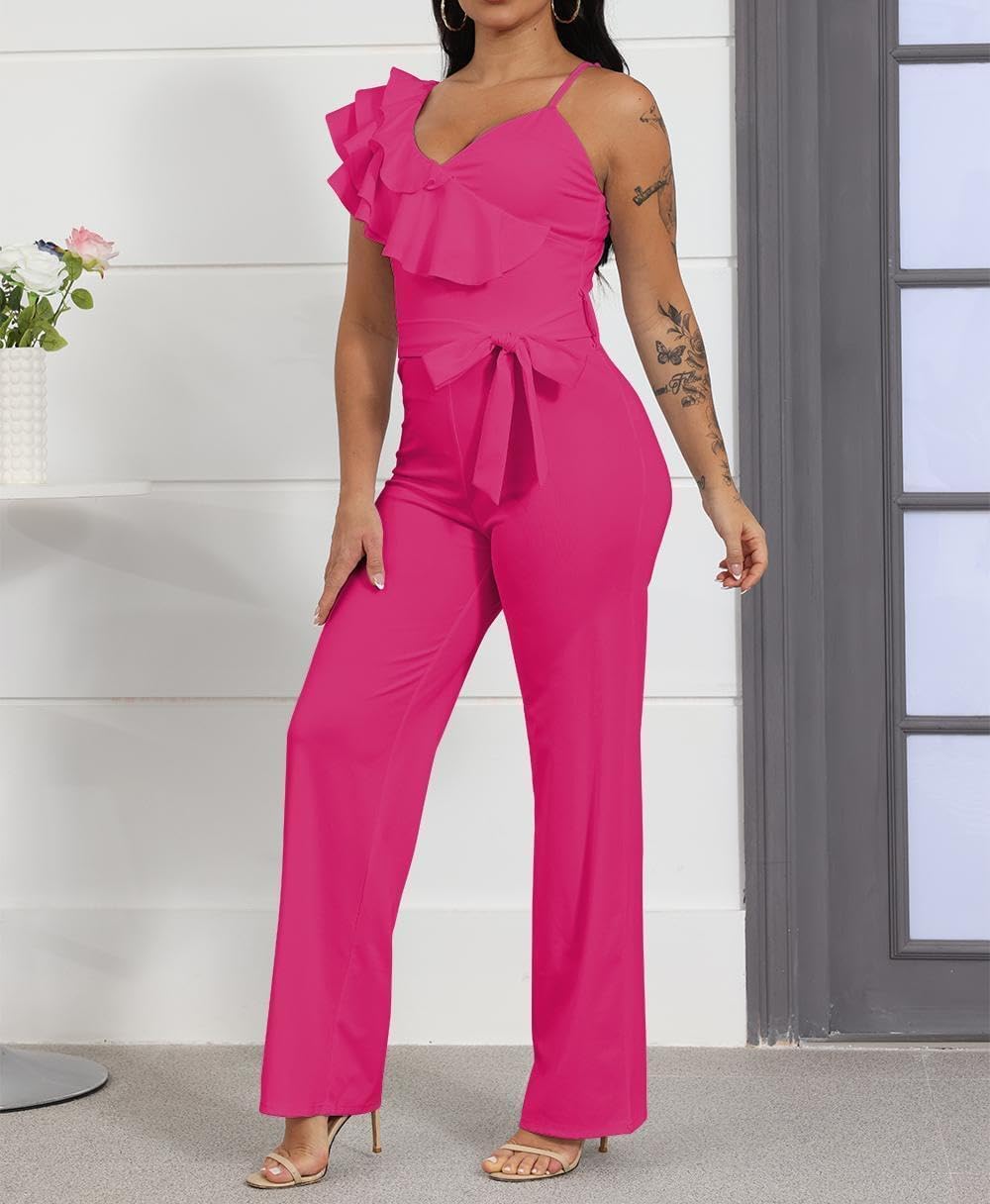 HBQ Womens Casual One Piece Jumpsuits V-Neck Sleeveless Ruffle Backless Belted Elegant Romper Wide Leg Pant Sexy Party Clubwear Overalls-Rose Red-XXL - Image 2