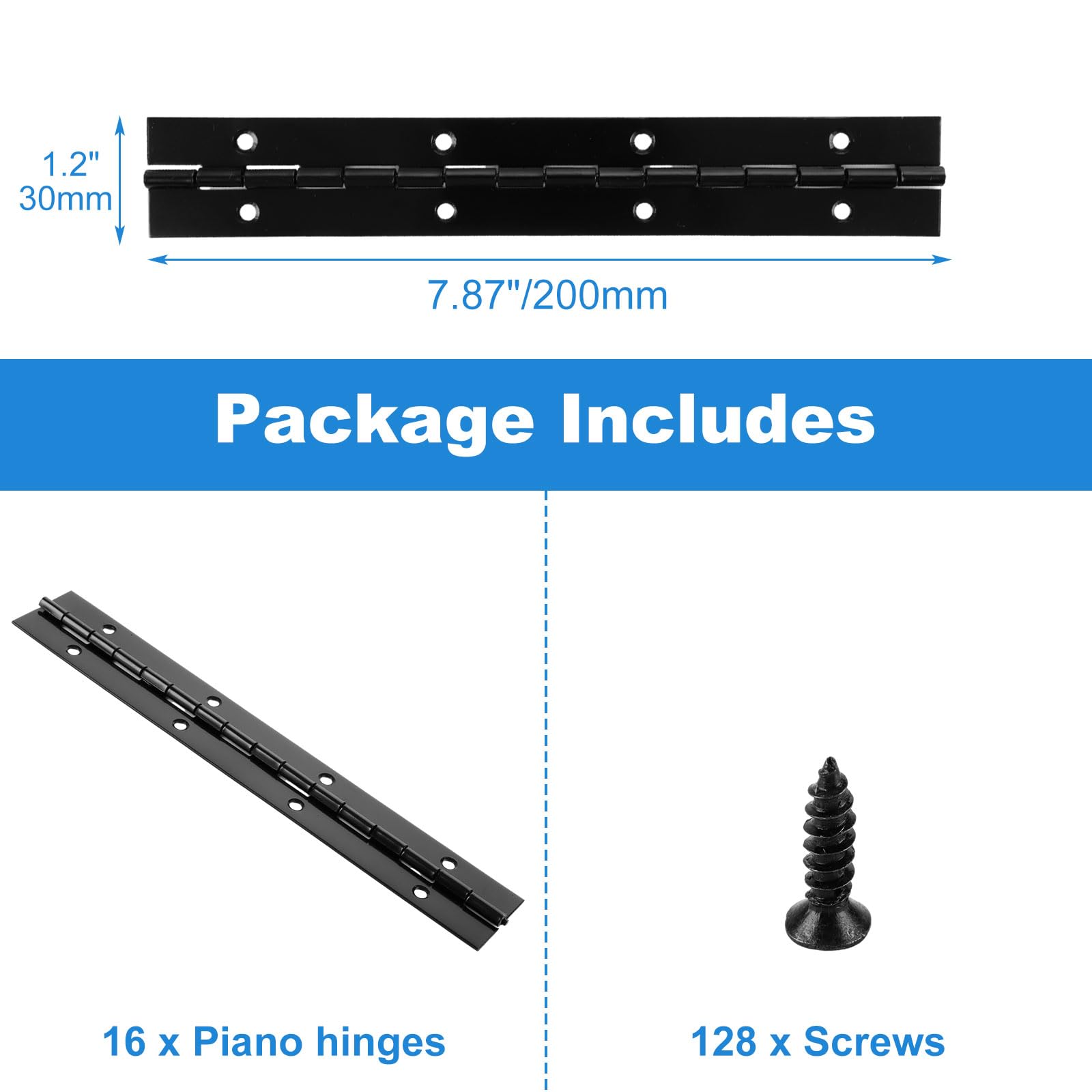16 bisagras de piano de 8 pulgadas resistentes, bisagras continuas plegables de 0.04 pulgadas de grosor, bisagras de piano de metal negro para armarios, puertas, ventanas (7.87 pulgadas de largo x 1.2