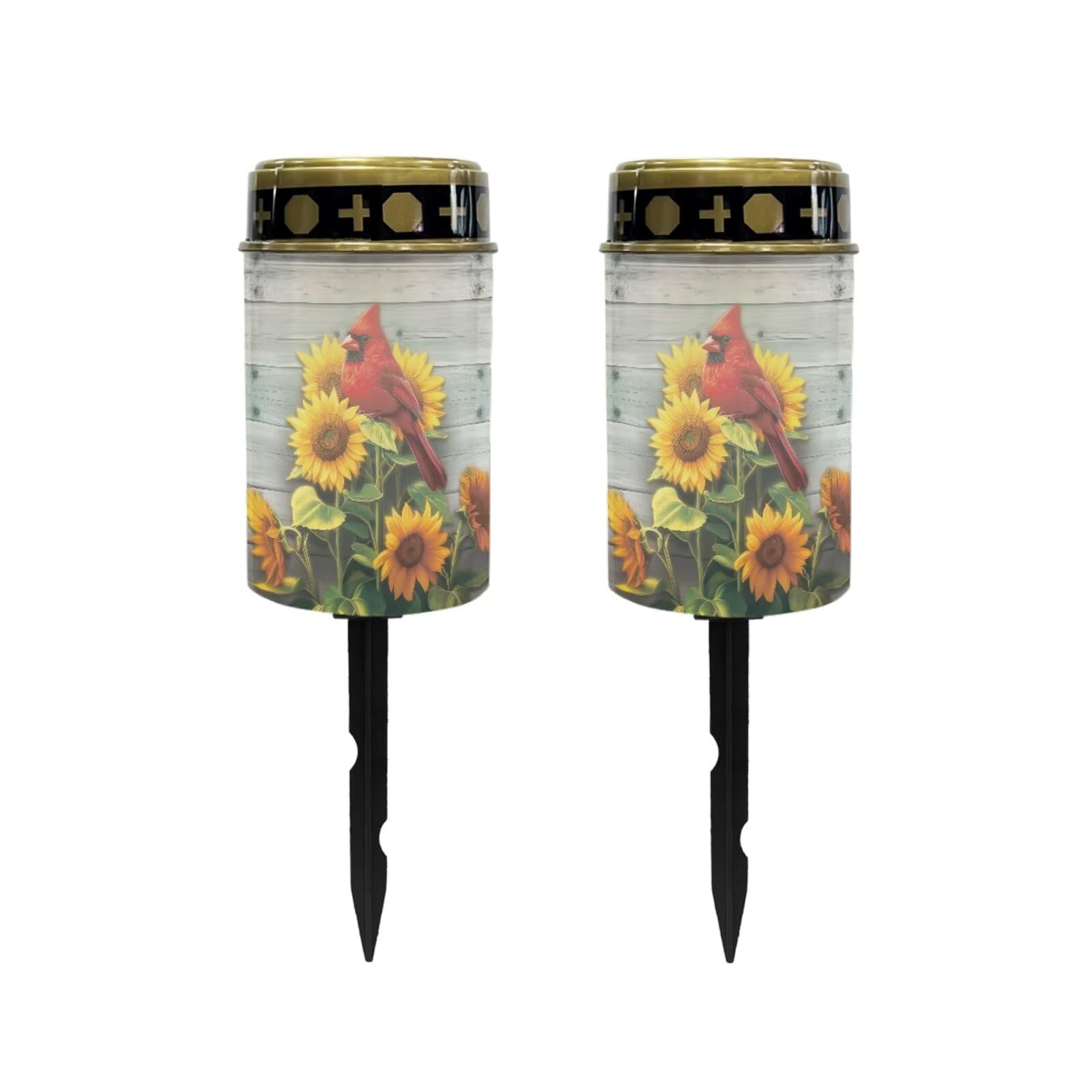 Poceacles Cardinal Sunflower Wood Grain Solar Lights Outdoor Solar Powered Outdoor Cemetery Stake Candle Grave Solar Lamp Landscape Lighting Waterproof Grave Flameless Candle, Pack of 2