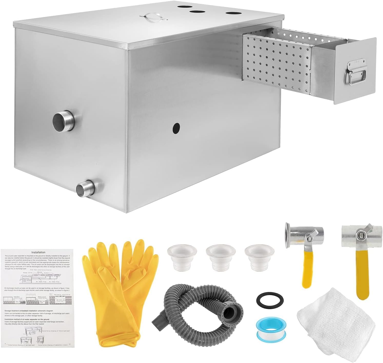commercial grease trap, 40 lbs stainless steel 13 gpm trap with side inlet for kitchen, restaurant, canteen, factory silver 40lbs 13gpm top