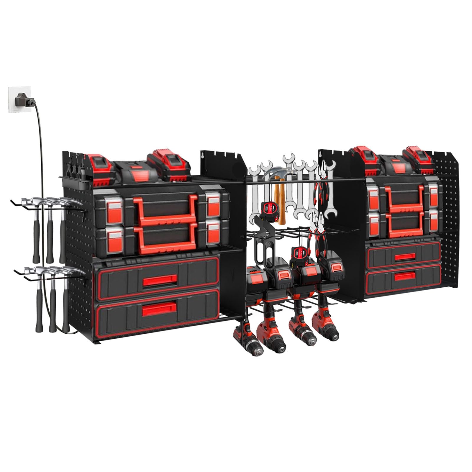 Power Tool Organizer Wall Mount with Charging Station, Heavy Duty Metal Tool Storage Rack with 8 Cordless Drill Holder,Battery Utility Rack Loads with 7 Tool Racks for Workshop Shed Pegboard Basement
