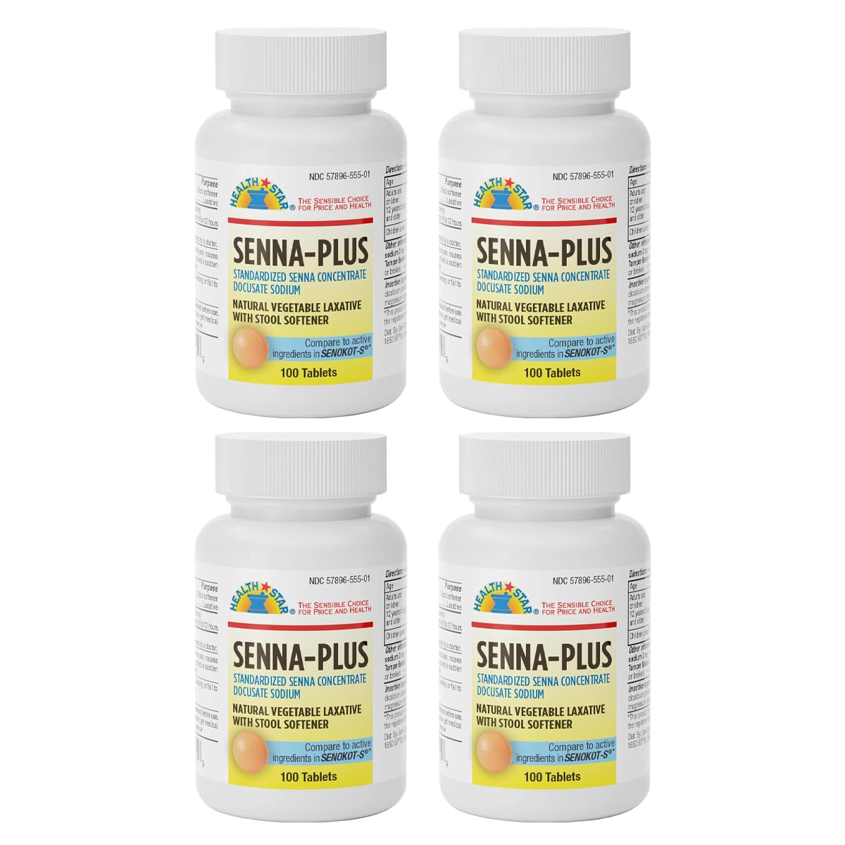 Senna Plus Natural Vegetable Laxative with Stool Softener, Docusate Sodium 50mg, Sennosides 8.6mg 100 Count (Pack of 4)