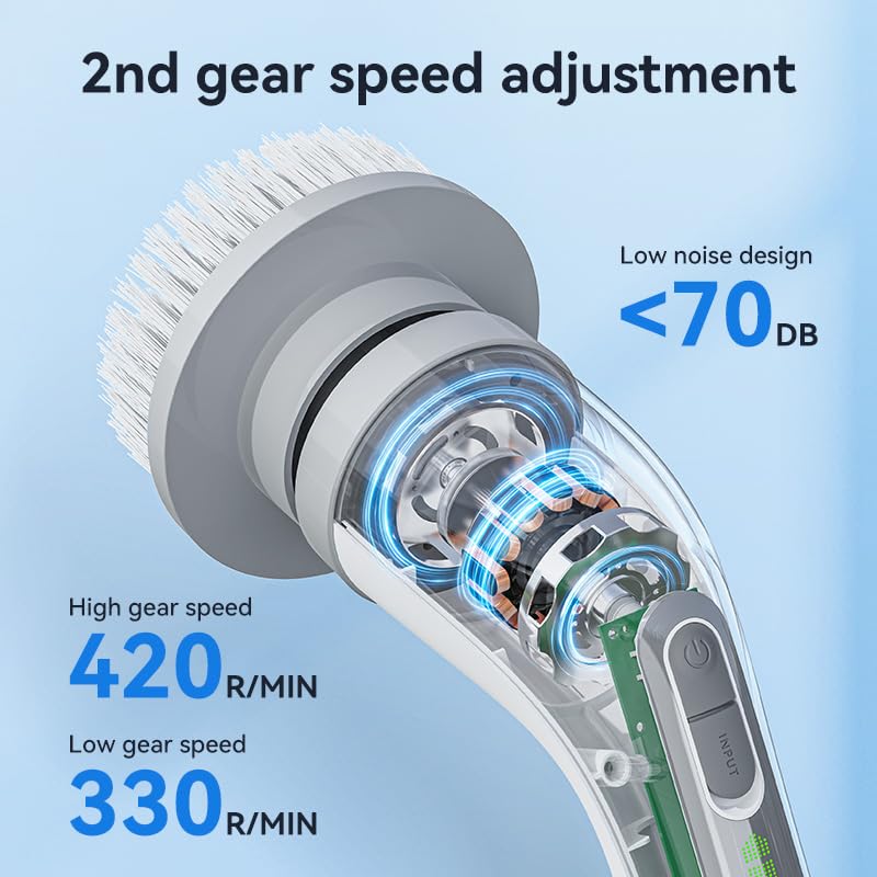 Image of Electric Spin Scrubber Cordless ​Shower Cleaner Bathroom Cleaning Brush Scrubbing with Tool Free Adjustable Extension Arm for Tub Tile Floor and 7 Replaceable Heads for Kitchen Floor (White-Grey)